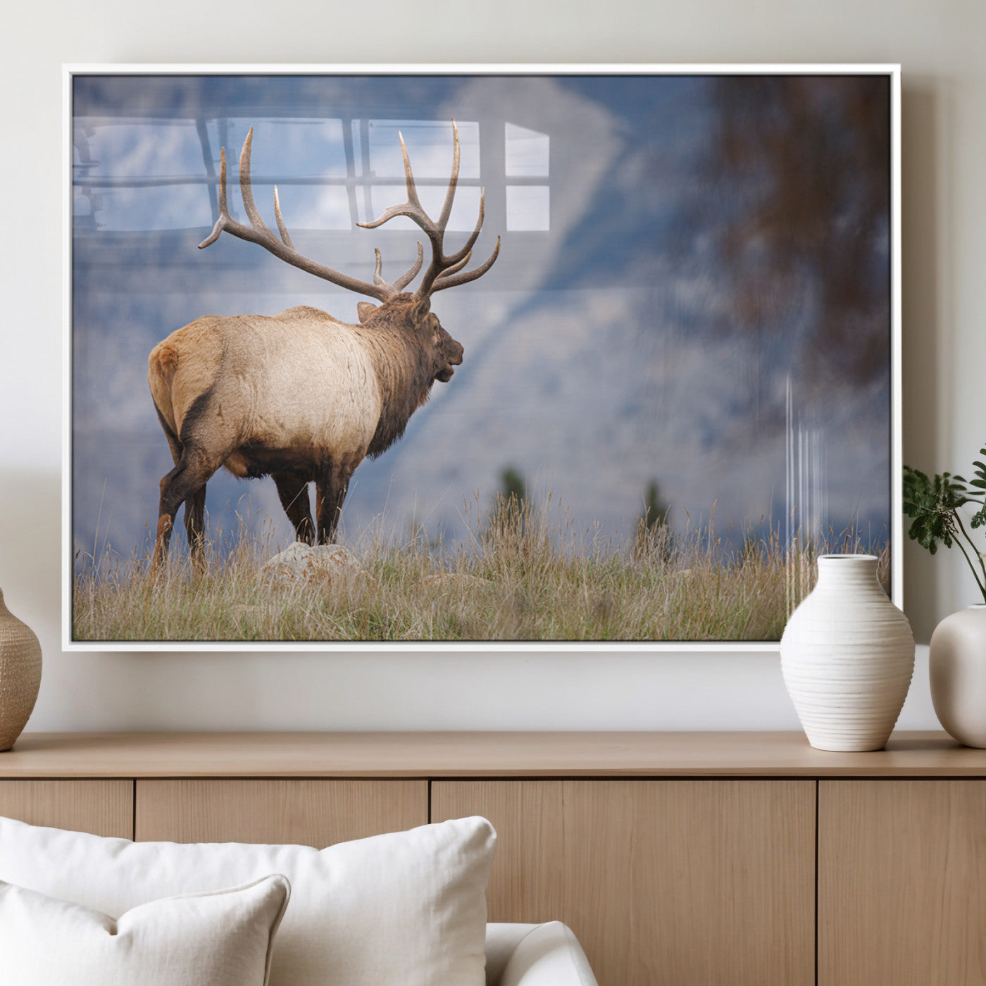 Elk with antlers standing on grass with mountain background, ideal for rustic, cabin, or lodge-inspired wall decor.