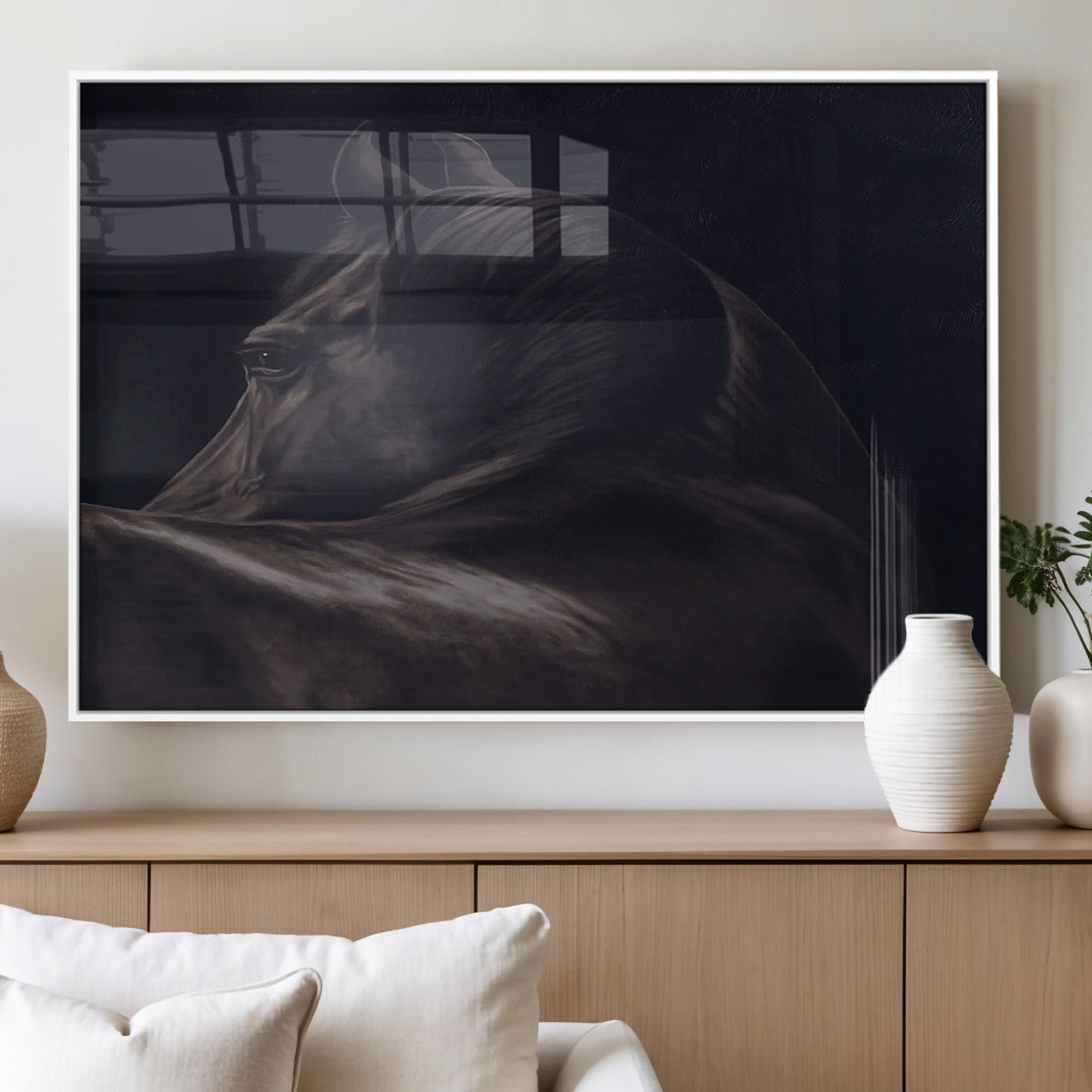 Moody black horse portrait with dramatic lighting on dark background, ideal for rustic, modern or Western style home decor.