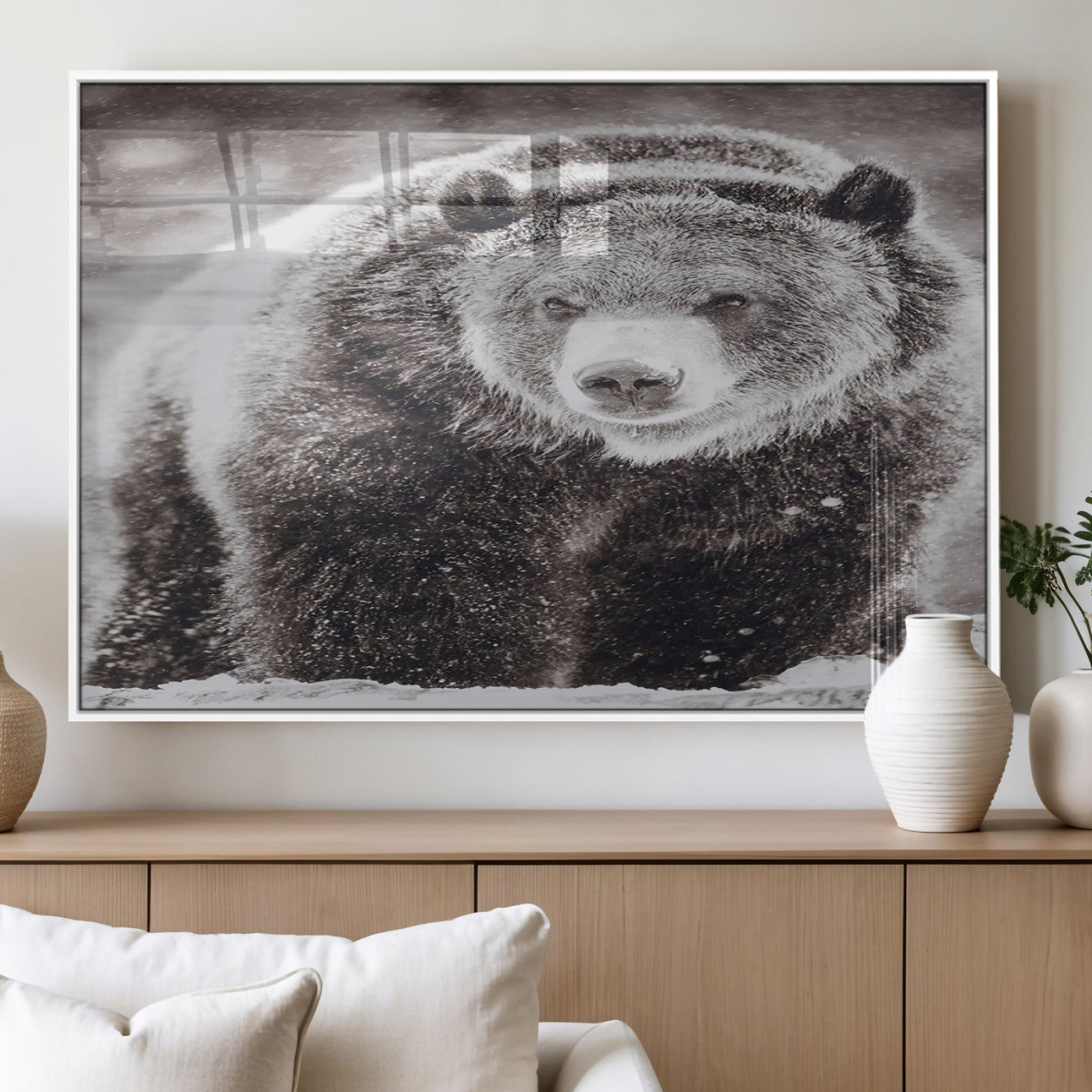 Snow-covered grizzly bear in black and white, ideal for rustic lodge, cabin or wildlife-themed home wall decor.
