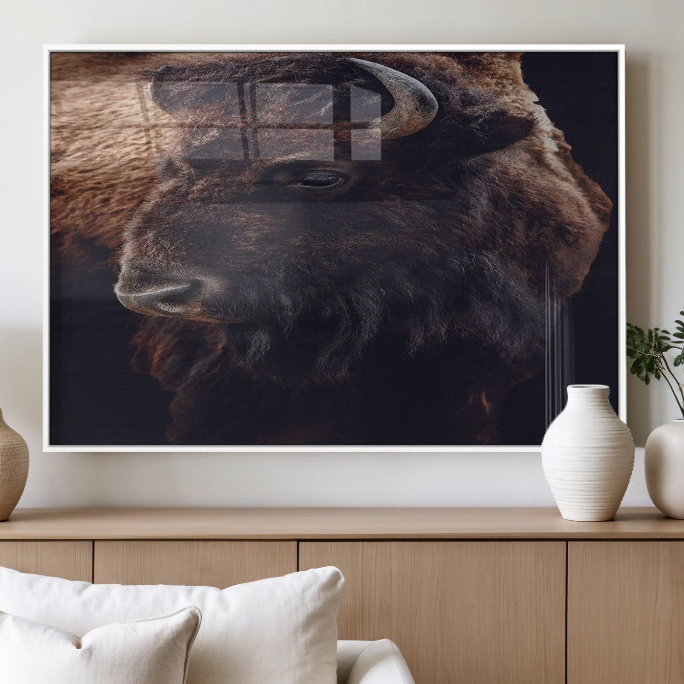 Close-up portrait of a bison with dark fur on a black background, perfect for rustic, lodge, or Western-style interior wall decor.