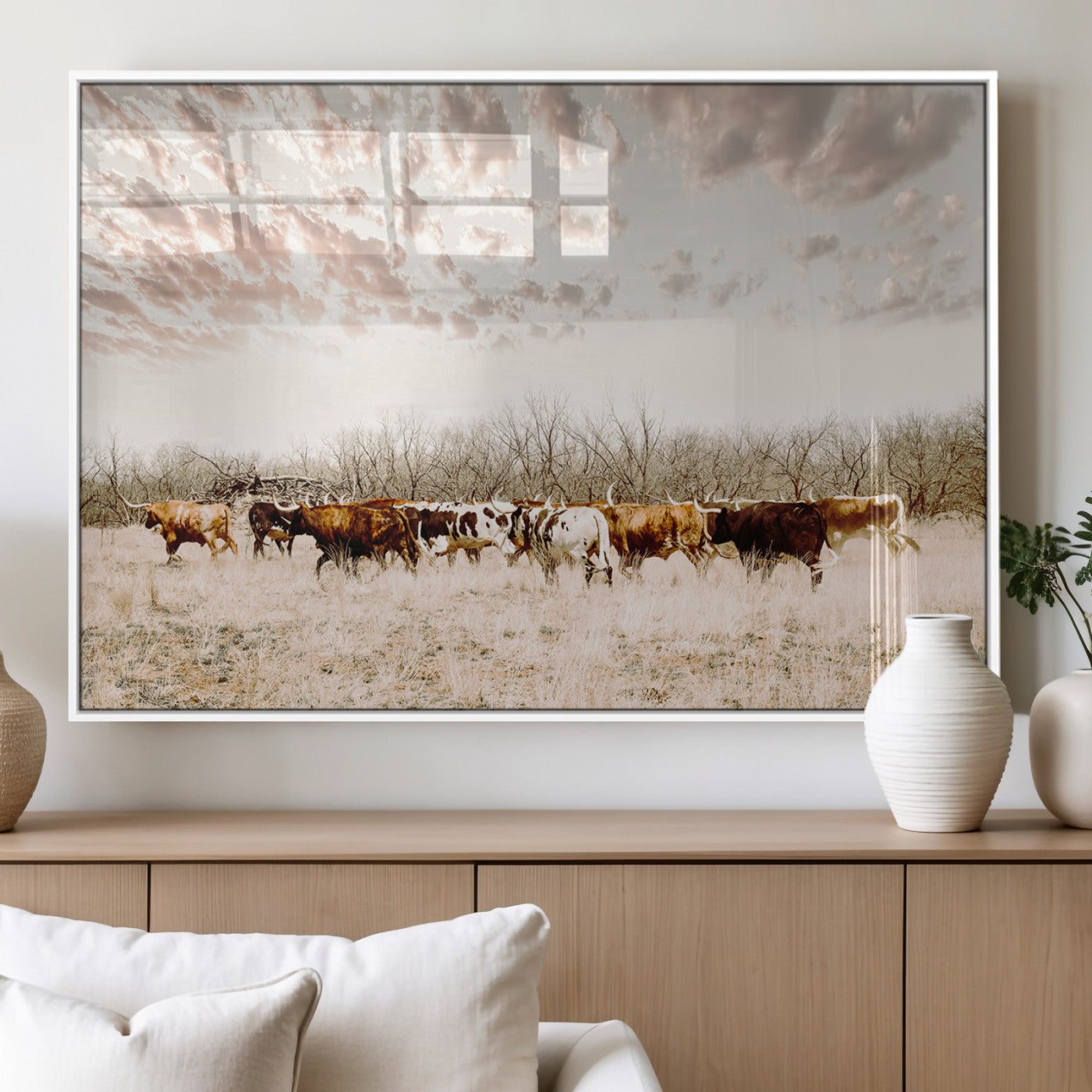 64892775-MGV-FP-60X30-3P_White-Longhorn Cattle Wall Art Canvas Print, Framed Texas Ranch Art Picture Print, Western Cow Perfect