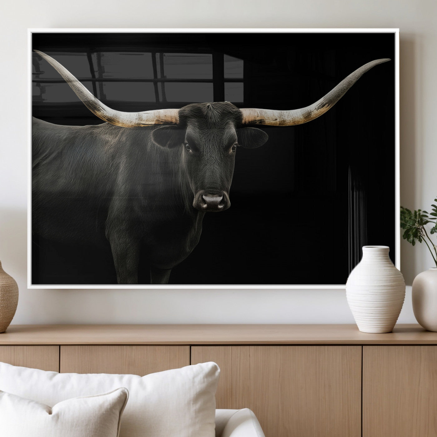 MGV-FP-60X30-3P - Longhorn Cattle Wall Art Canvas Print, Framed Texas Ranch Art Picture Print, Western Cow Perfect Farmhouse Decor Artwork