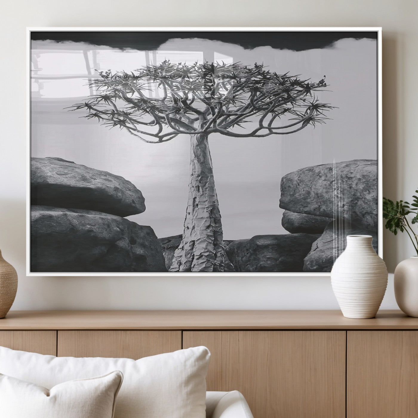 Black and white Joshua tree with bold rocky background, ideal for minimalist or desert-inspired home wall decoration.