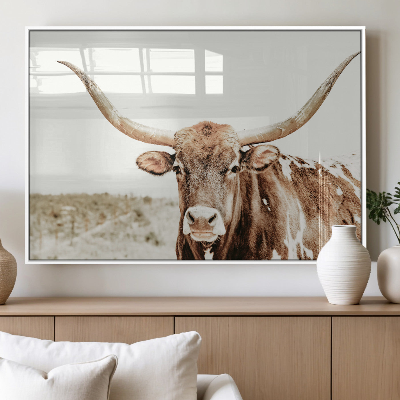 A Texas longhorn bull with wide horns, standing in a dry field under soft light, ideal for rustic farmhouse or western-themed interiors.