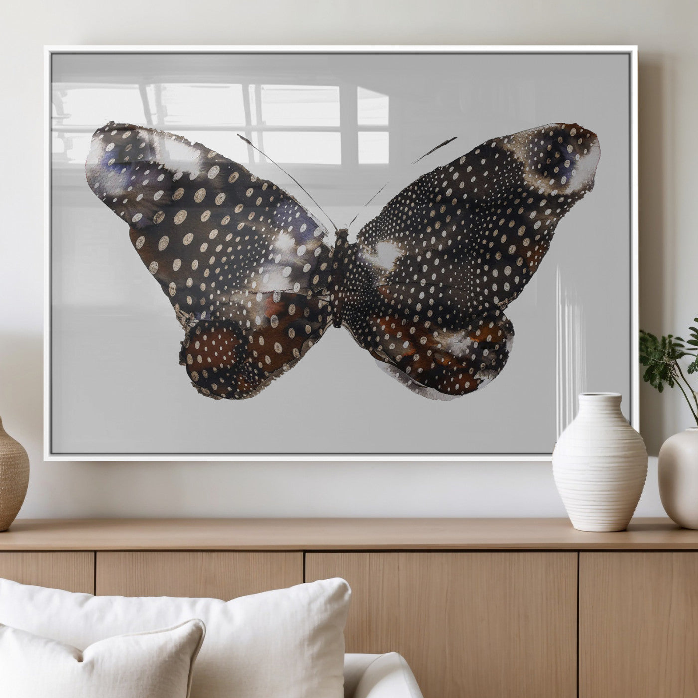MGV-FP-36X24-3P - Spotted Butterfly Wall Art Canvas Print, Framed Neutral Insect Theme Art Picture Print, Earthy Wing Pattern Perfect Modern Rustic Decor Artwork