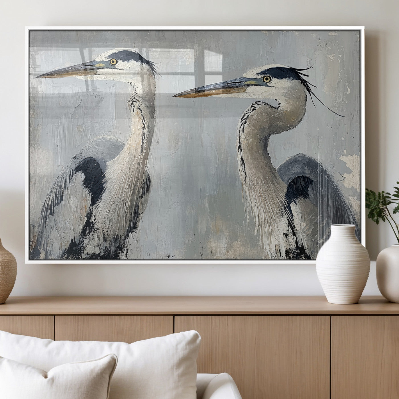 Two elegant herons in profile with soft brush strokes and blue-grey tones, ideal for serene, coastal, or minimalist interior decor.