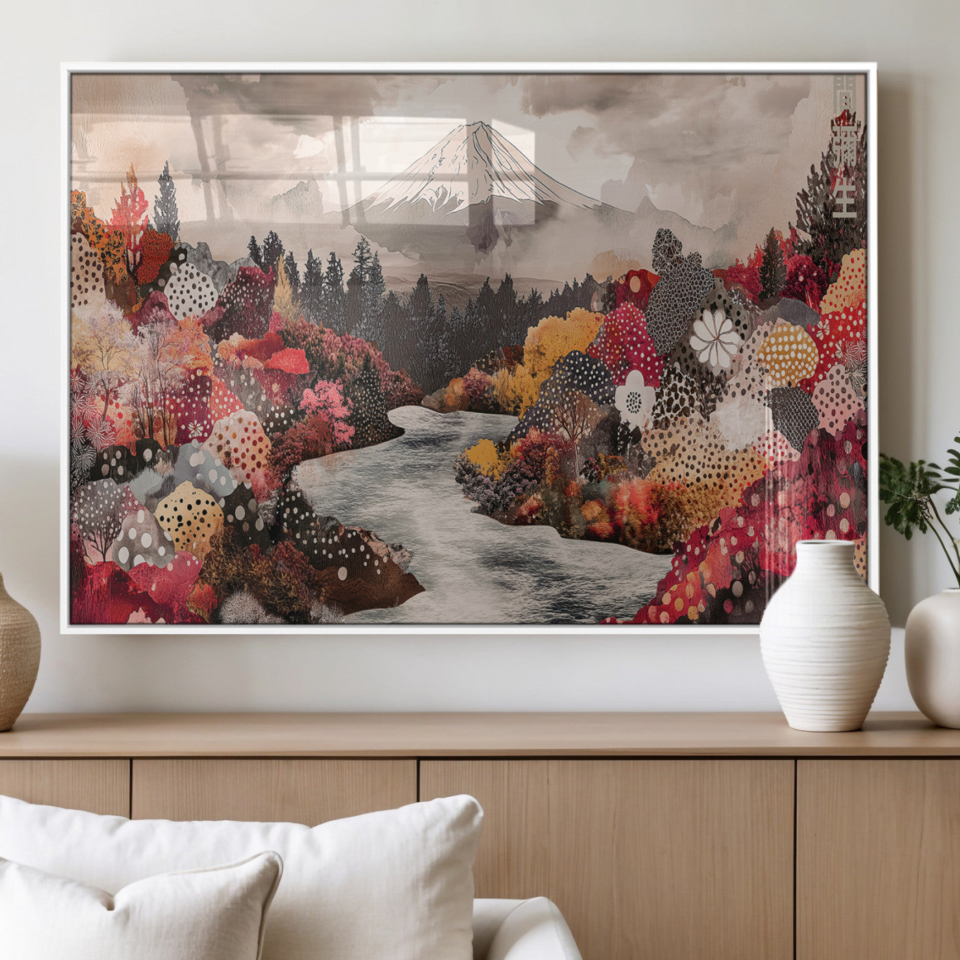 A whimsical mountain landscape with floral autumn trees, river, and misty peak, ideal for cozy, cottagecore, and nature-inspired wall decor.