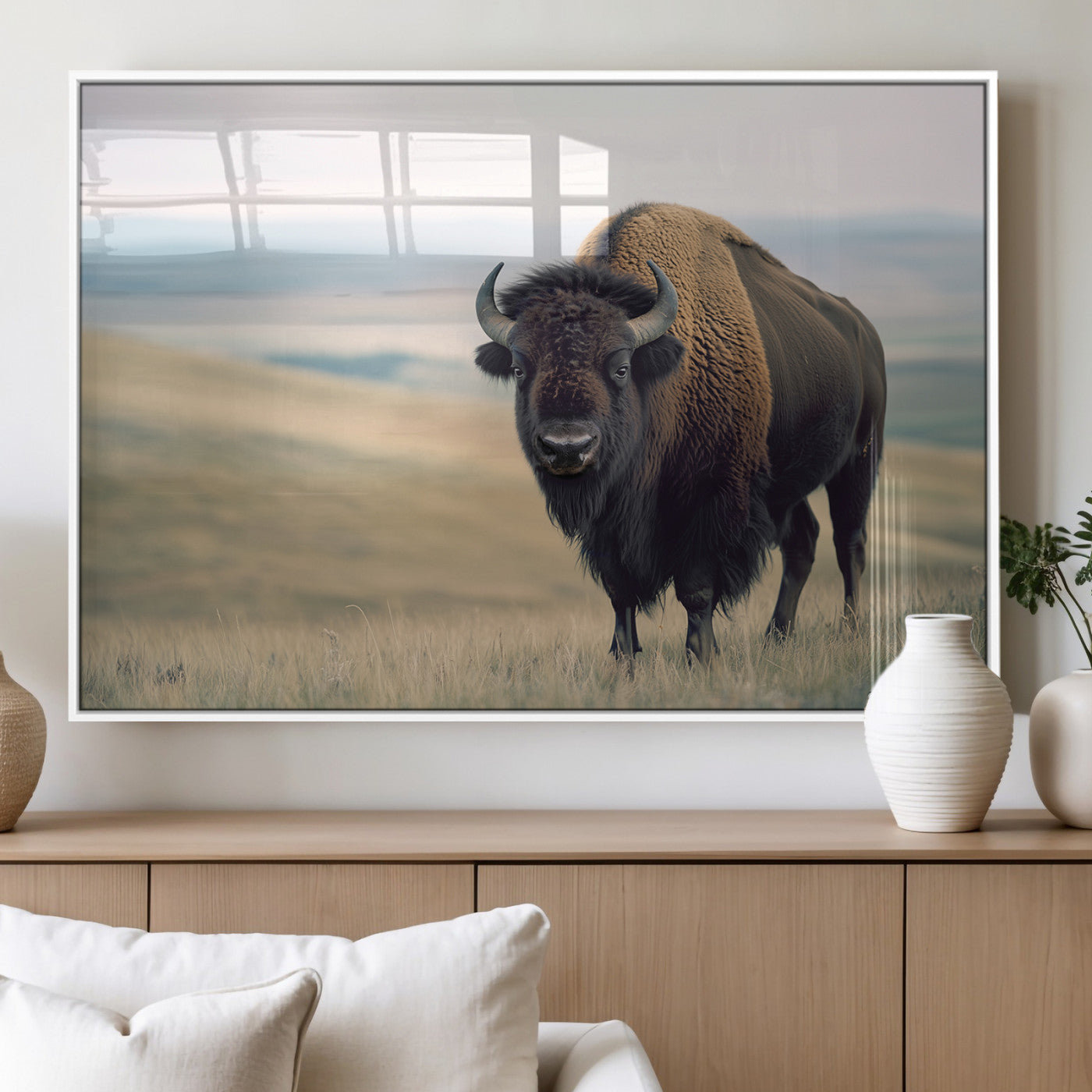 A bison standing strong on a grassy prairie with rolling hills in the background, perfect for rustic and Western-inspired wall decor.