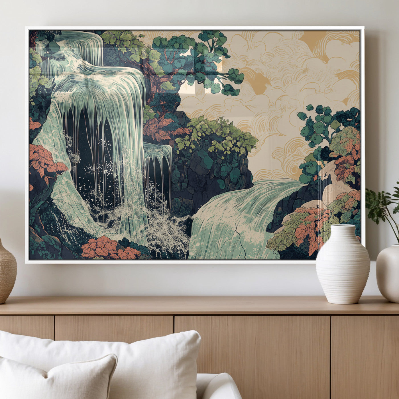 Stylized waterfall flowing through rocky terrain and lush foliage in an oriental art style, ideal for peaceful and nature-themed interiors.