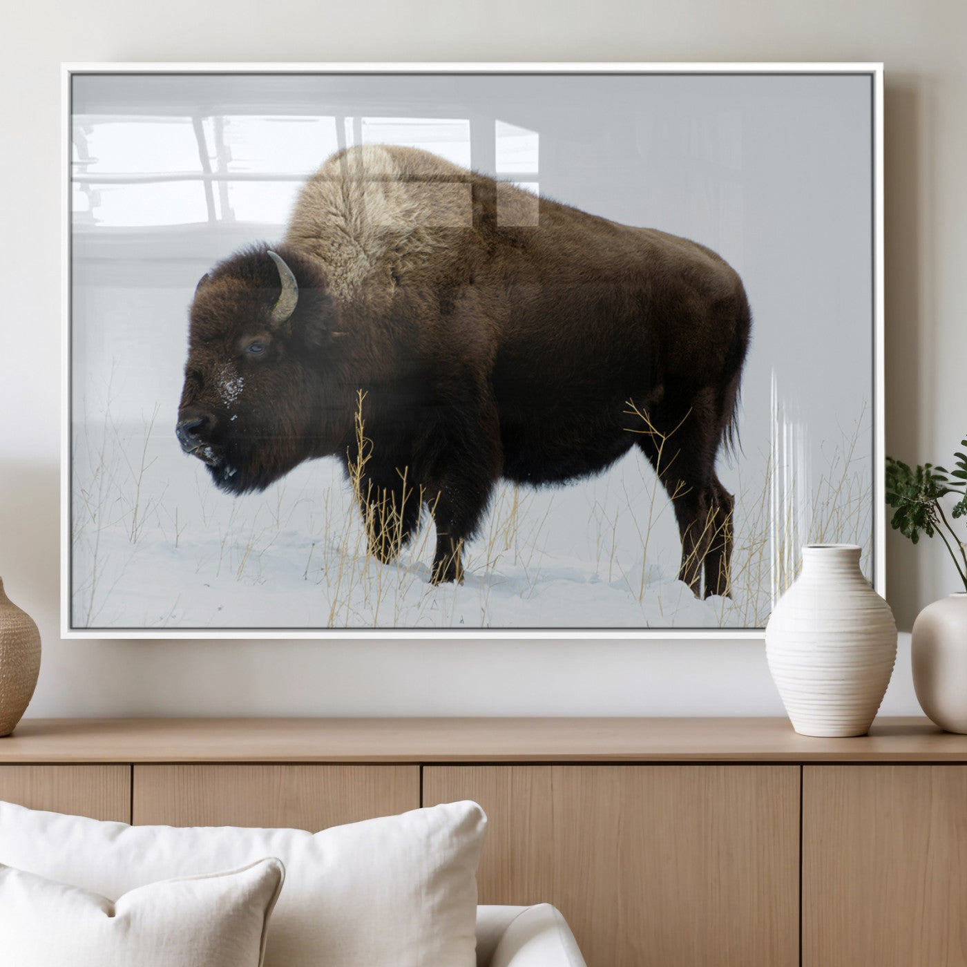 MGV-FP-60X30-3P - Bison Photography Wall Art Canvas Print, Framed Western Wildlife Art Picture Print, Buffalo On Snow Perfect Western Decor Artwork