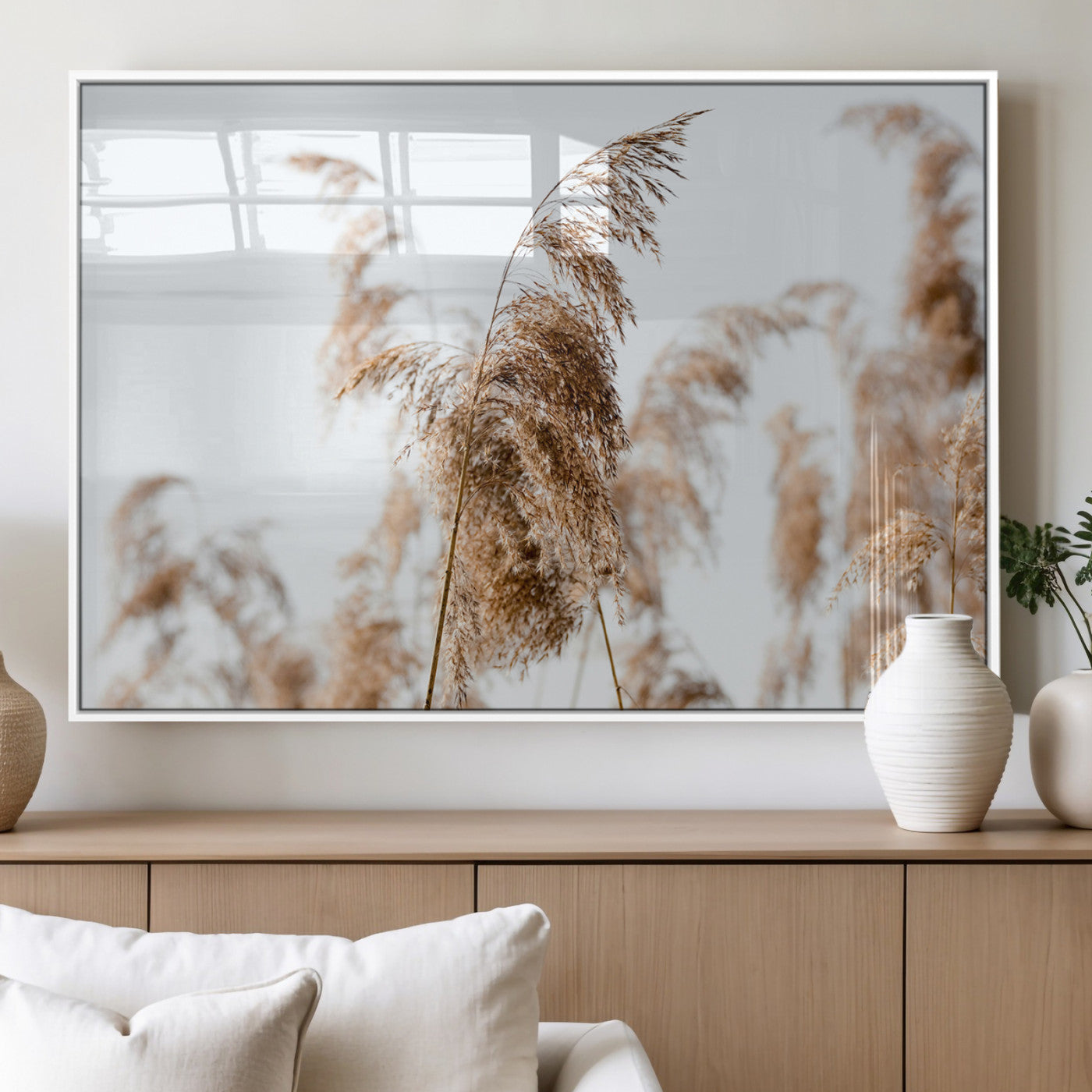 MGV-FP-60X30-3P - Pampas Grass Wall Art Canvas Print, Framed Neutral Tones Art Picture Print, Minimalist Nature Perfect Boho Decor Artwork