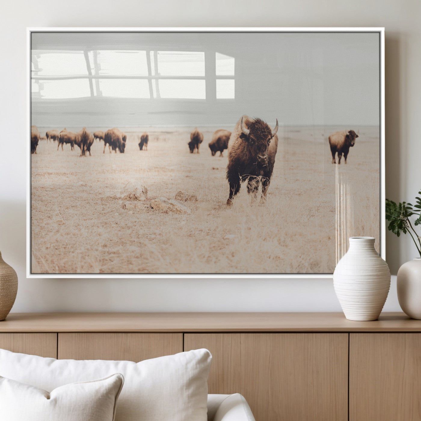 MGV-FP-60X30-3P - Bison Herd Wall Art Canvas Print, Framed Western Art Picture Print, Prairie Serenity Perfect Ranch Decor Artwork