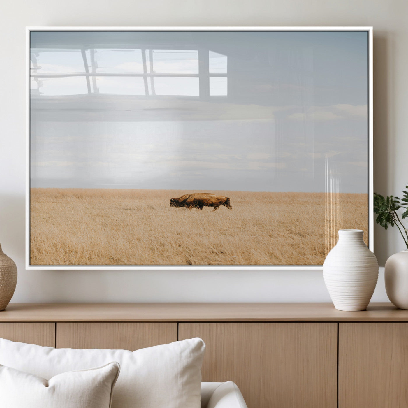 MGV-FP-36X24-3P - Minimalist Nature Wall Art Canvas Print, Framed Bison In Grassland Art Picture Print, Open Field Perfect Modern Ranch Decor Decor Artwork