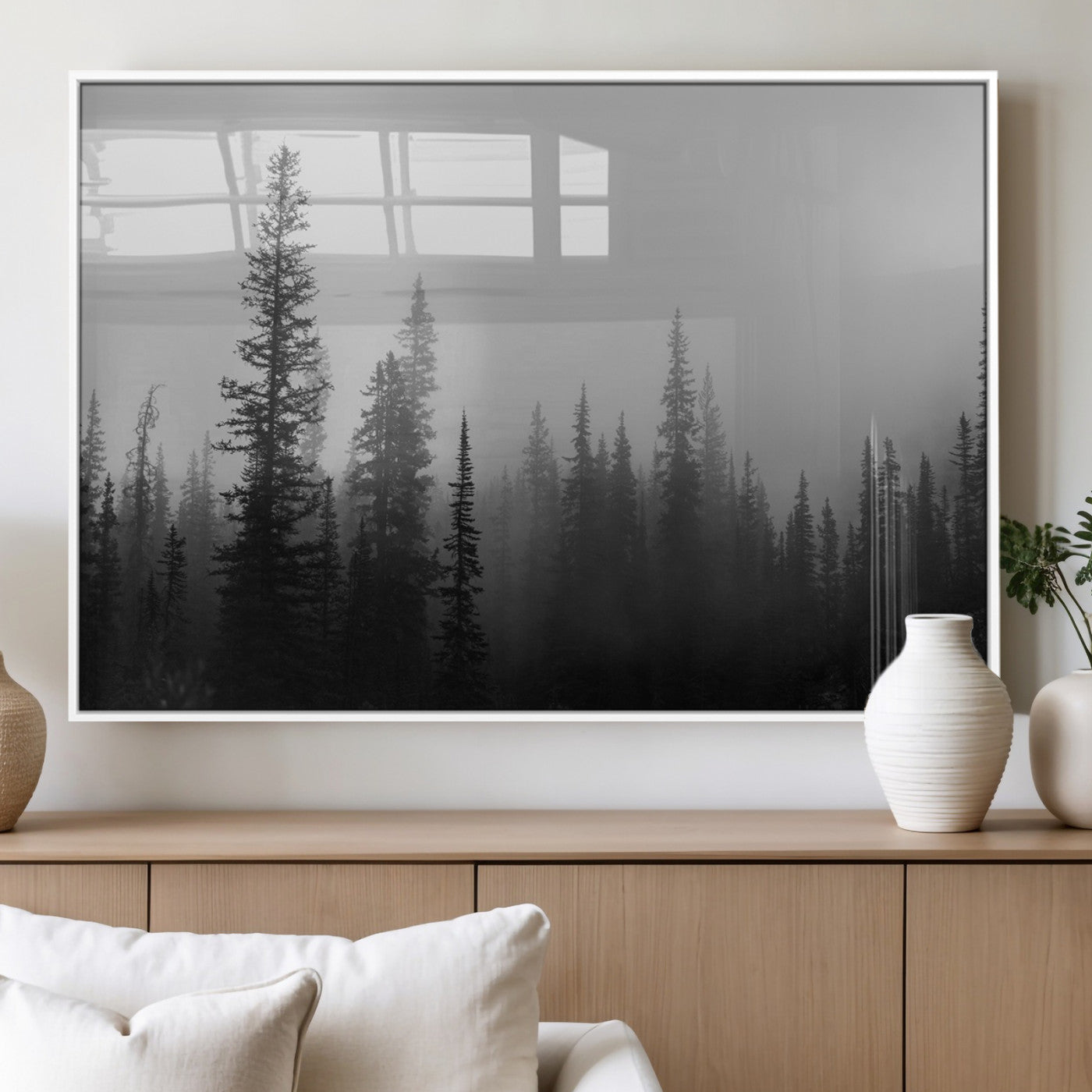 MGV-FP-60X30-3P - Misty Pines Wall Art Canvas Print, Framed Woodland Photography Art Picture Print, Minimalist Decor Perfect Rustic Decor Artwork