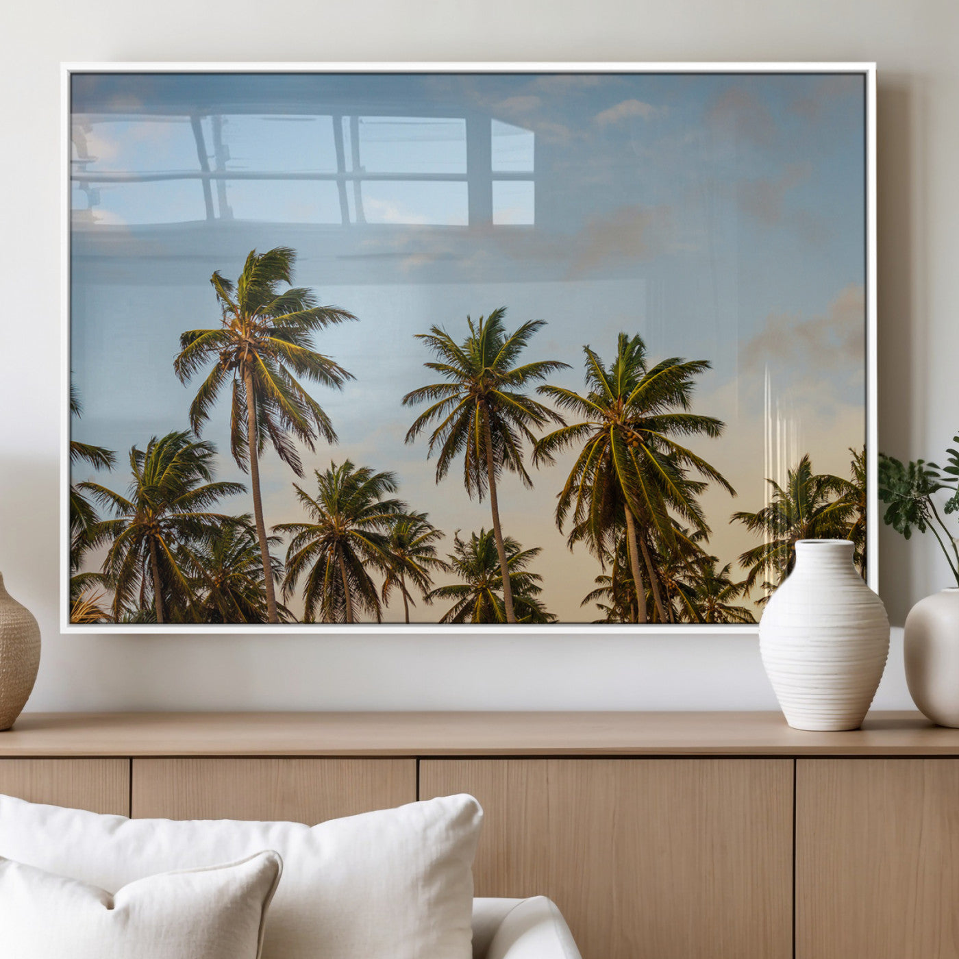 Tall palm trees swaying under a soft sunset sky, creating a tropical and relaxing atmosphere, perfect for coastal and beach-inspired wall art.