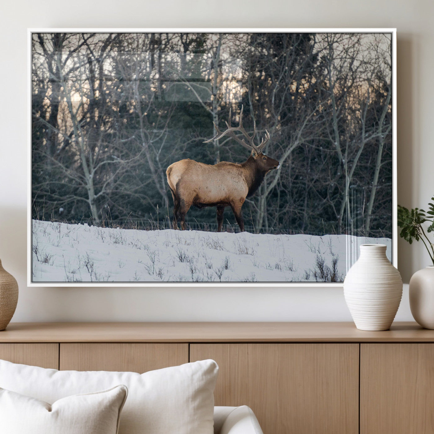 A majestic elk with large antlers standing in a snowy field against a winter forest backdrop, perfect for rustic and wildlife-themed home decor.
