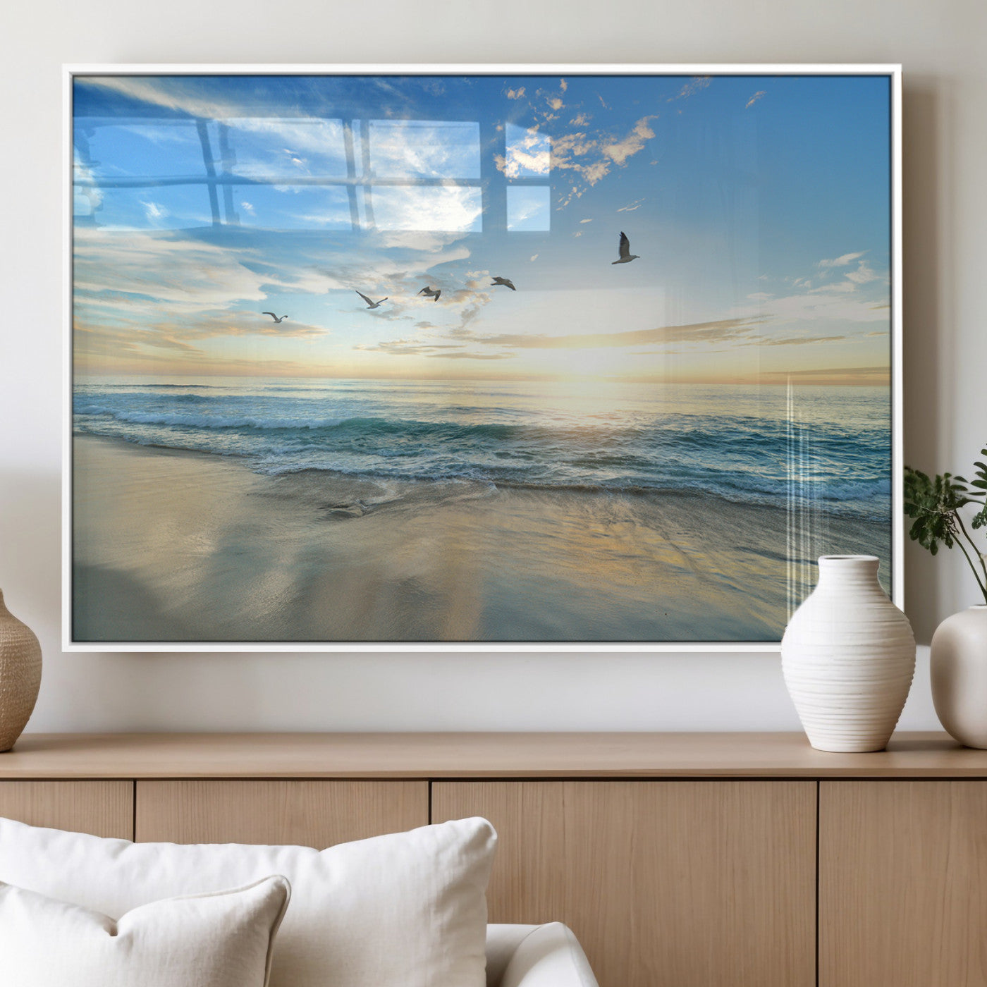MGV-FP-60X30-3P - Minimalist Seaside Wall Art Canvas Print, Framed Morning Glow Art Picture Print, Golden Reflections Perfect Coastal Minimalist Decor Artwork