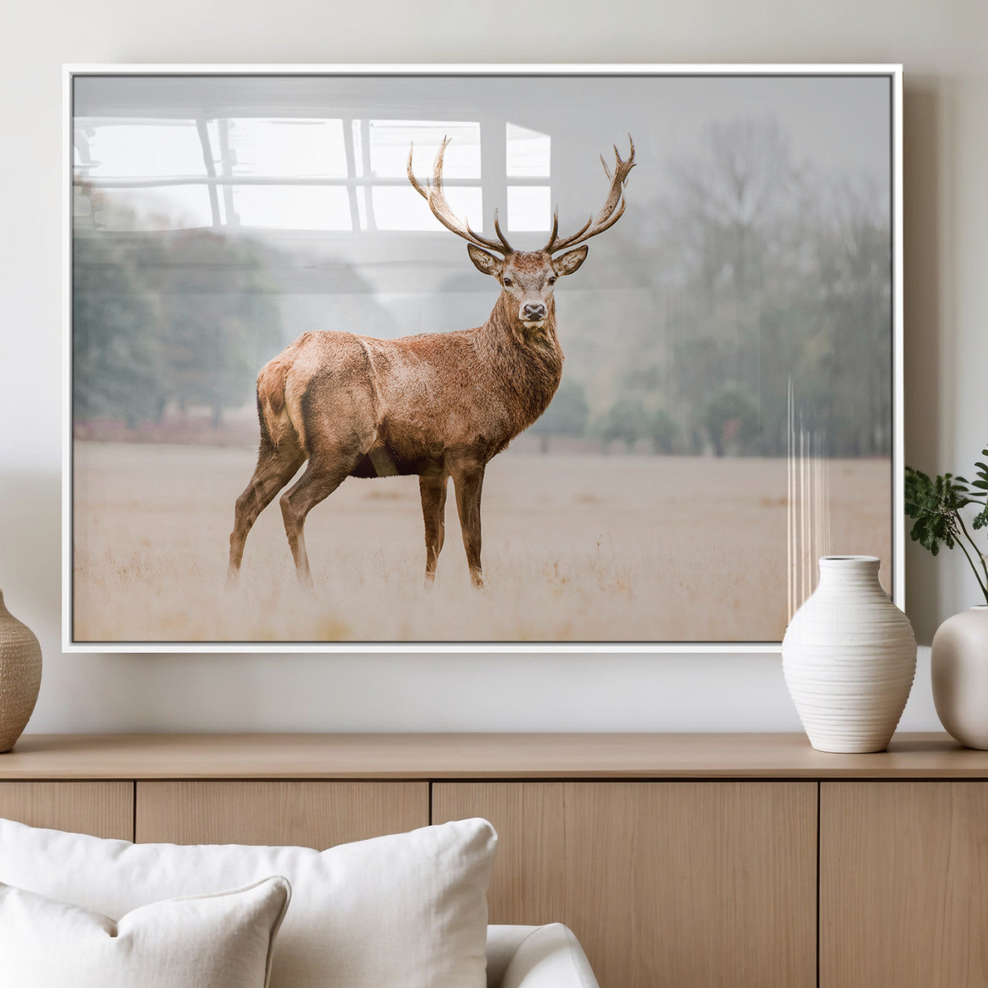 MGV-FP-36X24-3P - Vintage Wildlife Art Wall Art Canvas Print, Framed Misty Landscape Art Picture Print, Deer Wall Art Perfect Rustic Wildlife Decor Artwork