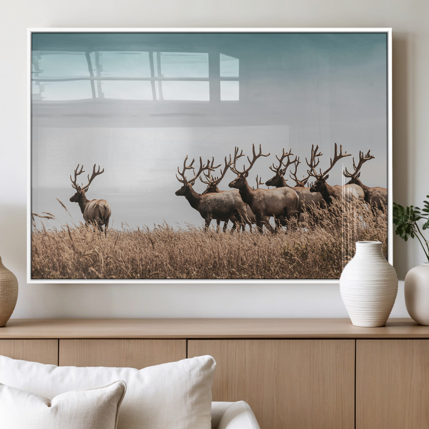 MGV-FP-36X24-3P - Elk Herd Wall Art Canvas Print, Framed Wildlife Photography Art Picture Print, Rustic Nature Print Perfect Rustic Wildlife Decor Artwork