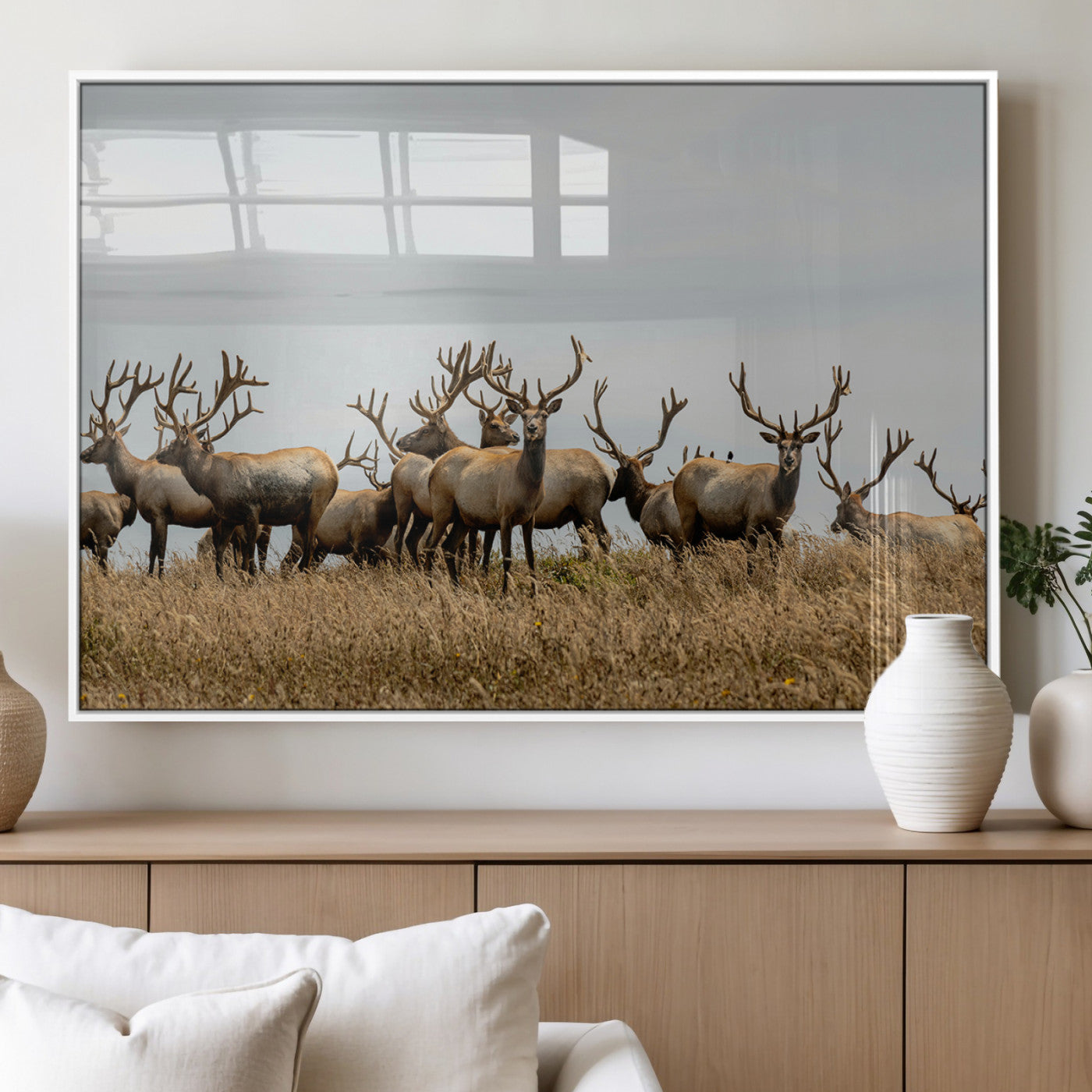 MGV-FP-60X30-3P - Elk Herd Wall Art Canvas Print, Framed Wildlife Photography Art Picture Print, Majestic Antlers Perfect Rustic Wildlife Decor Artwork