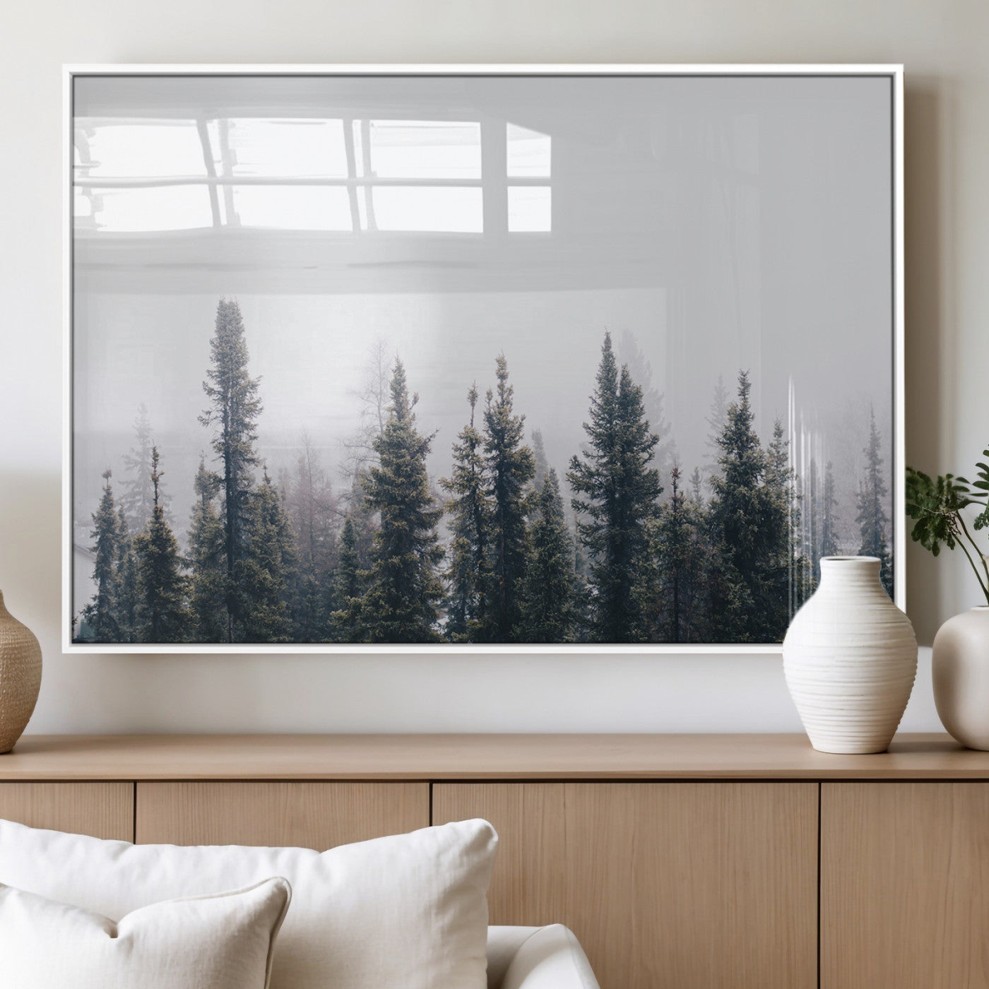 MGV-FP-60X30-3P - Foggy Forest Wall Art Canvas Print, Framed Misty Pines Art Picture Print, Moody Woodland Perfect Scandinavian Minimalist Decor Artwork