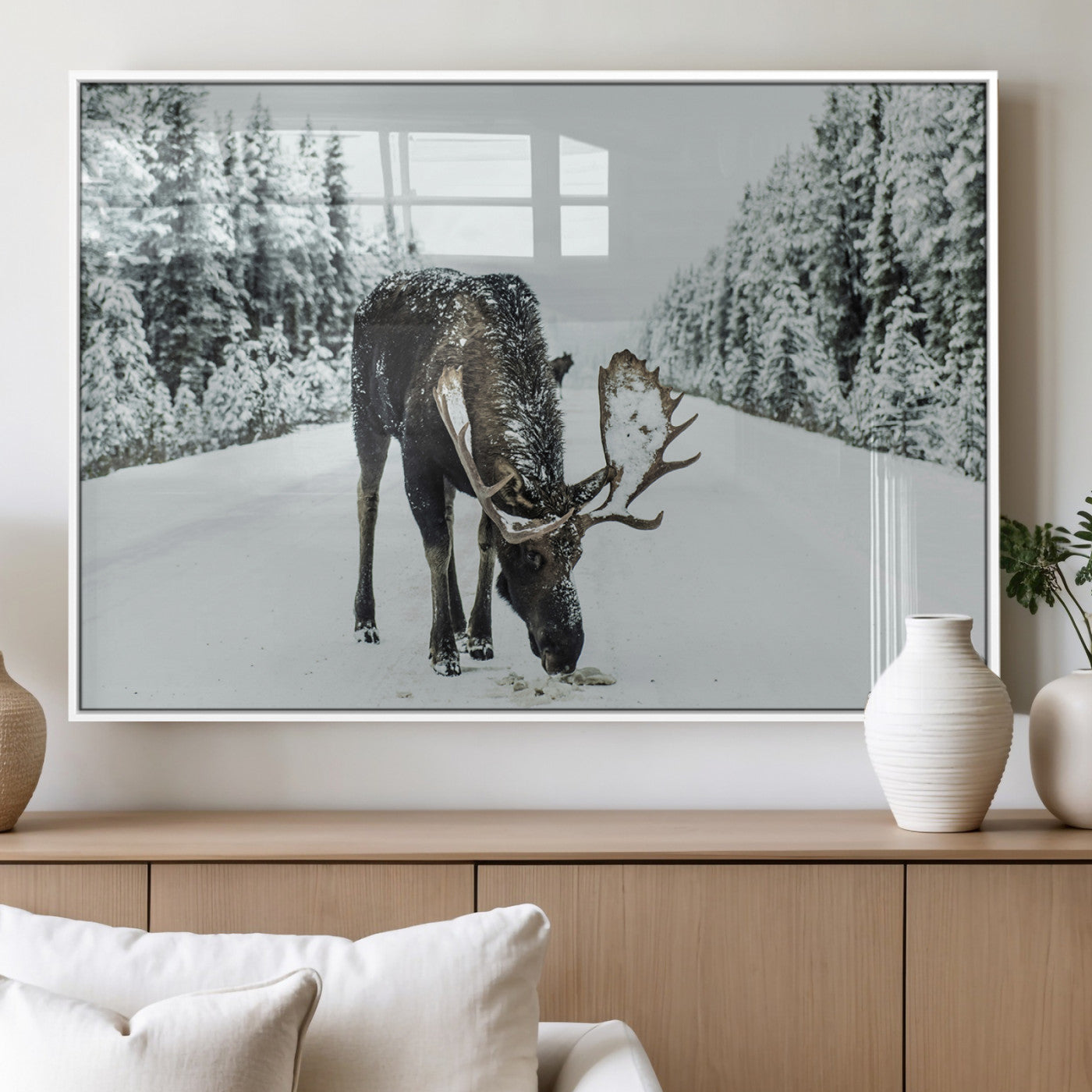 MGV-FP-60X30-3P - Moose in Snow Wall Art Canvas Print, Framed Winter Wildlife Art Picture Print, Snowy Forest Scene Perfect Rustic Lodge Decor Artwork