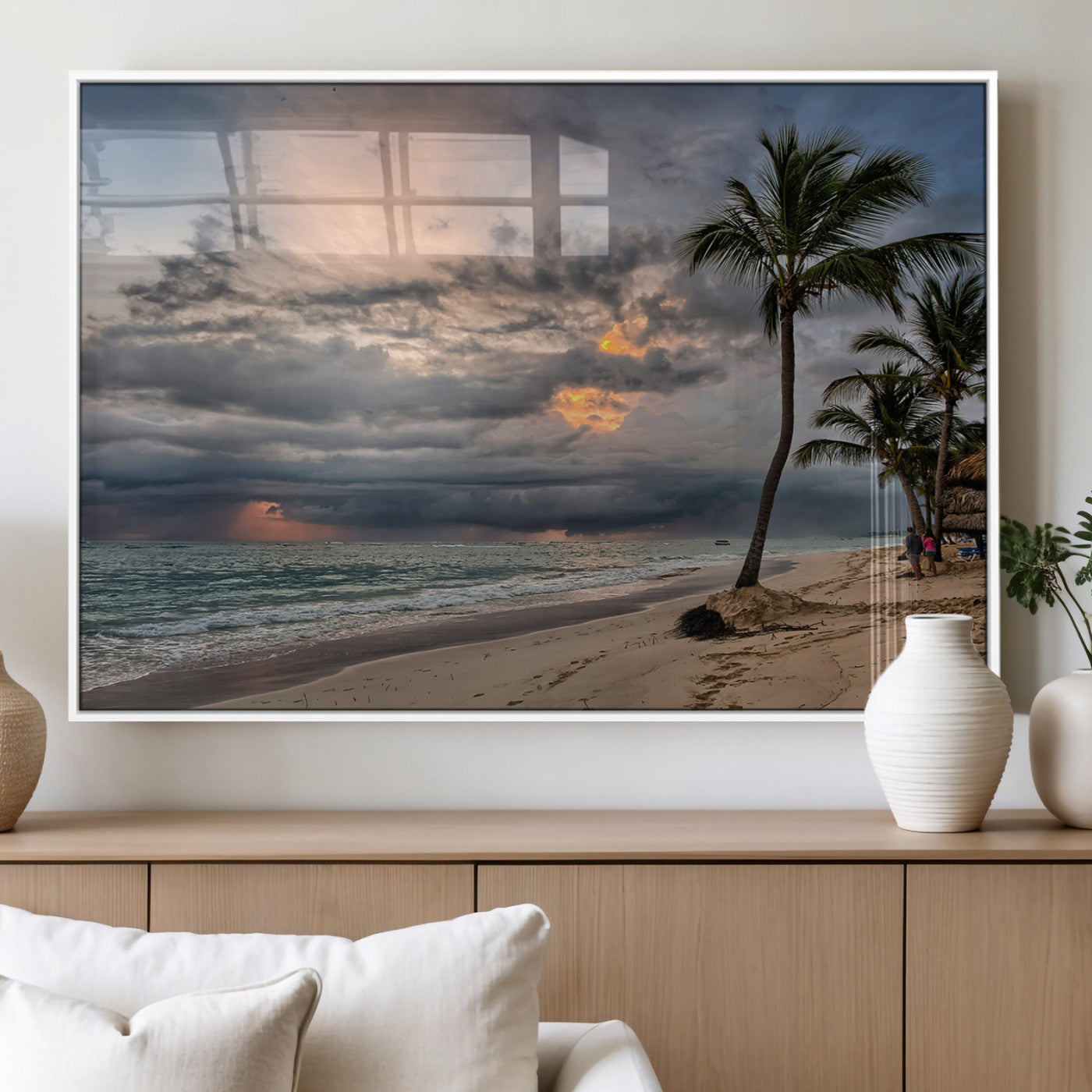 MGV-FP-60X30-3P - Tropical Storm Wall Art Canvas Print, Framed Moody Beach Art Picture Print, Dramatic Sky Perfect Tropical Coastal Decor Artwork