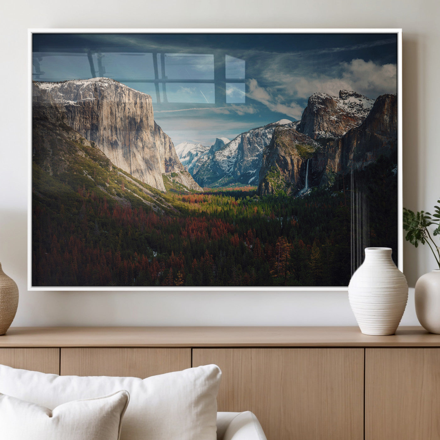 Framed canvas print of Yosemite National Park, featuring El Capitan and a scenic waterfall, ideal for rustic farmhouse or adventure-themed home decor.