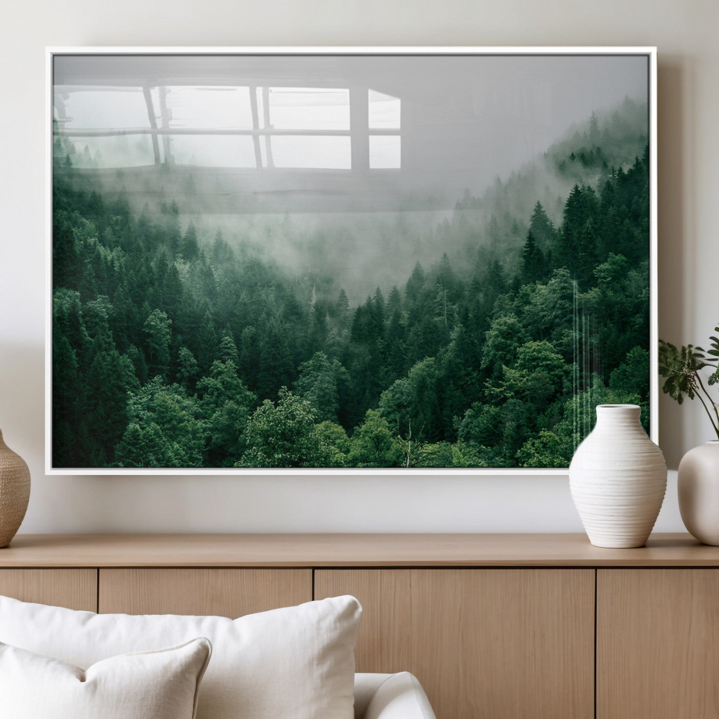 MGV-FP-60X30-3P - Misty Green Forest Canvas Print – Serene Foggy Pine Landscape Wall Art, Tranquil Nature Decor for