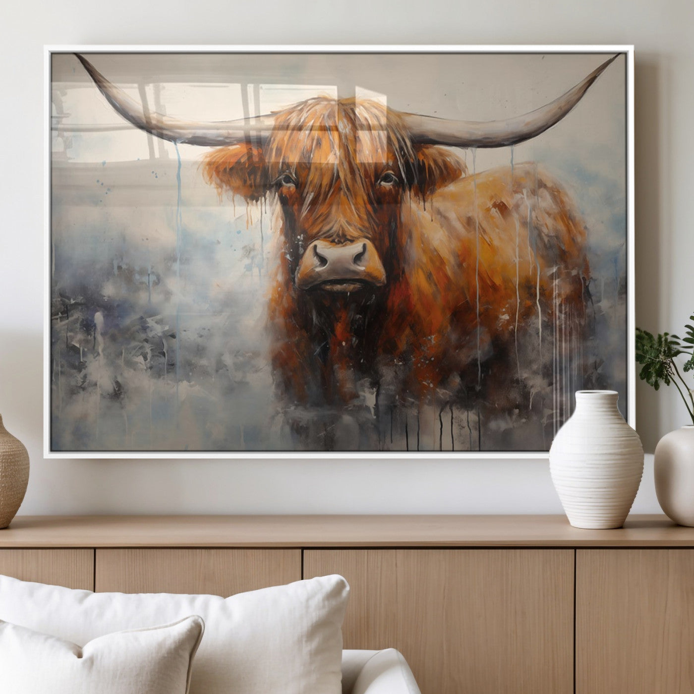 MGV-FP-60X30-3P - Scottish Highland Wall Art Canvas Print, Framed Longhorn Art Picture Print, Western Cow Perfect Farmhouse Decor Artwork