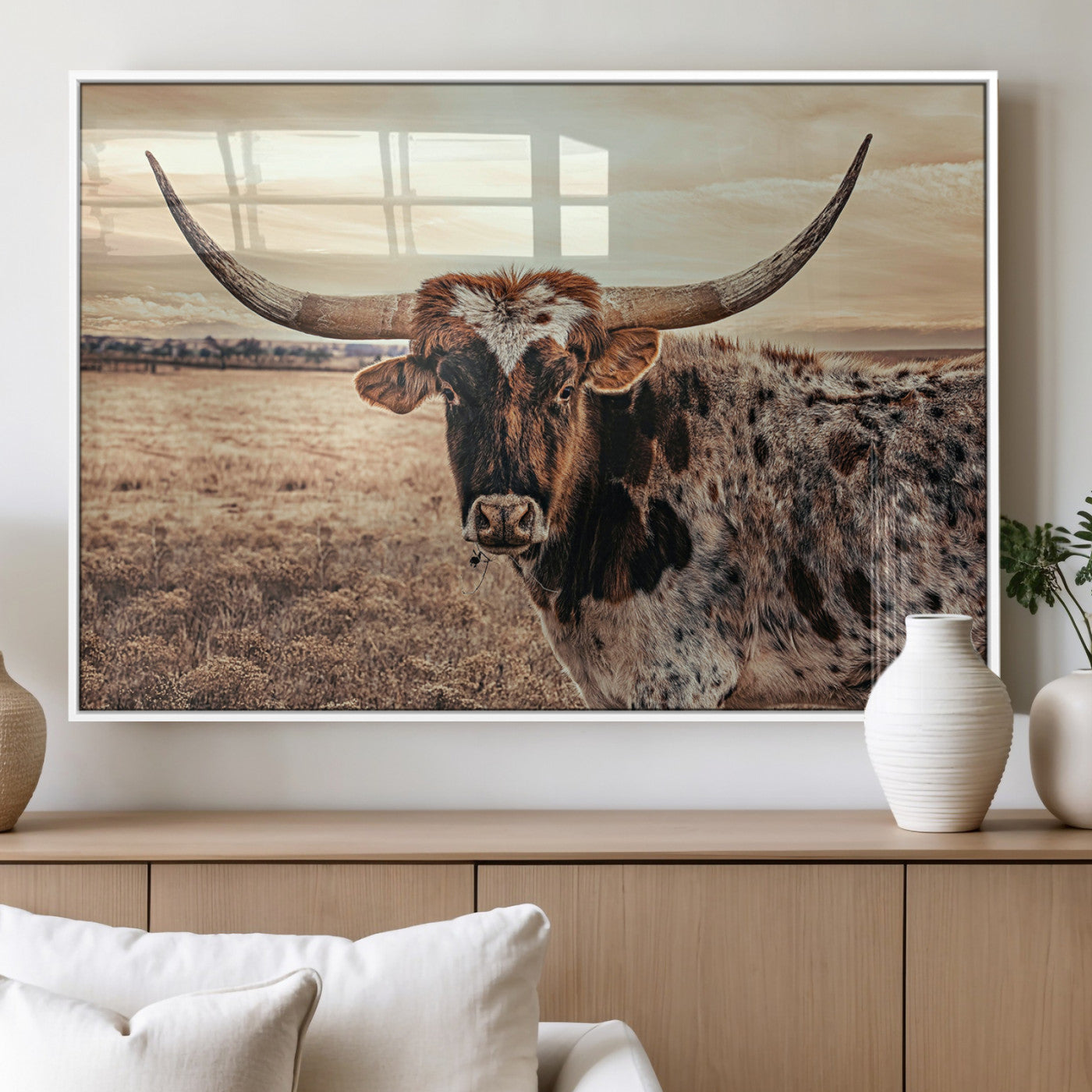 Close-up of a longhorn cow with distinctive curved horns standing in a dry grass field under a cloudy sky.