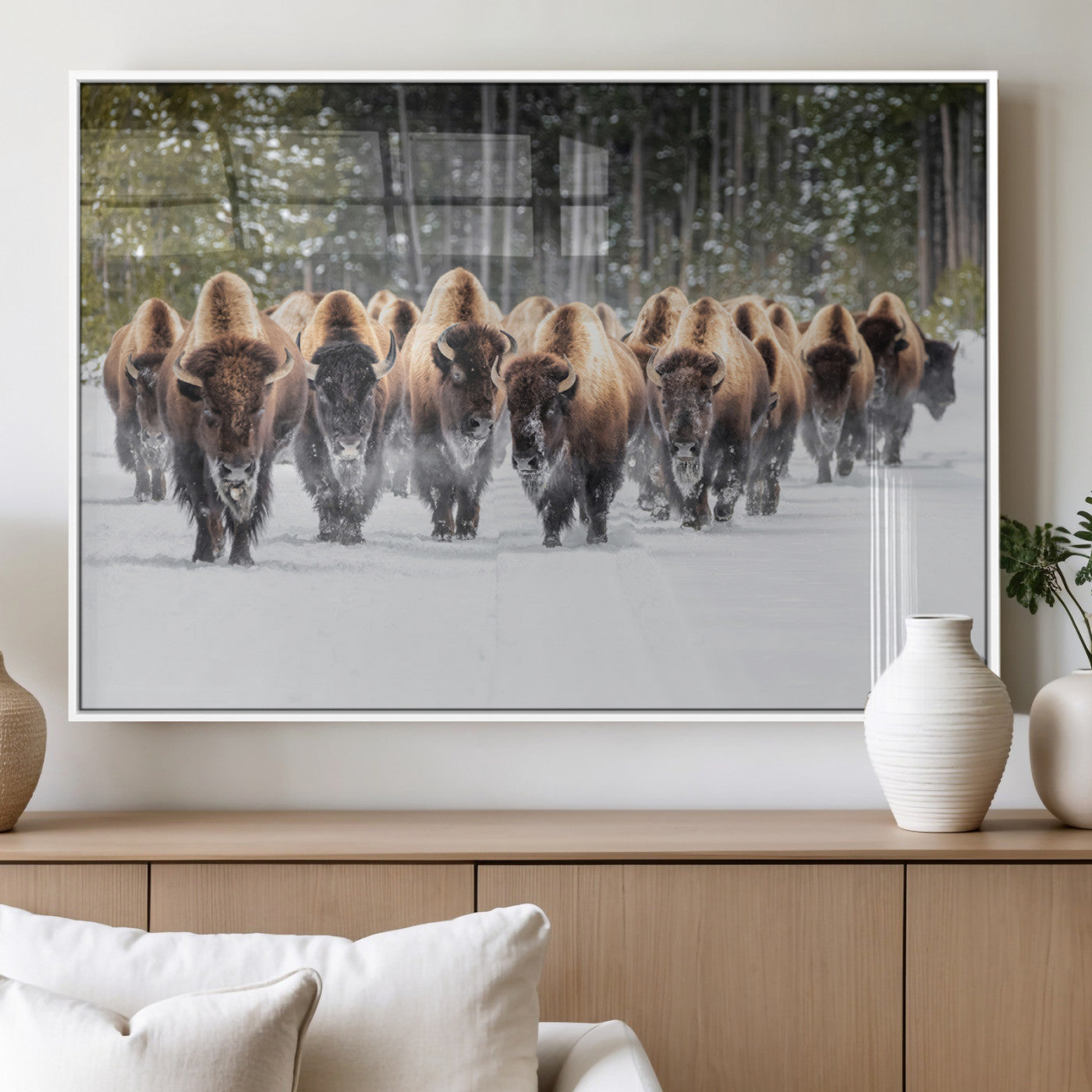 American Bison Herd in Snow Wall Art Canvas Print – Powerful Winter Wildlife Scene with Buffalo in Motion, Perfect for Rustic Lodge or Western Cabin Decor