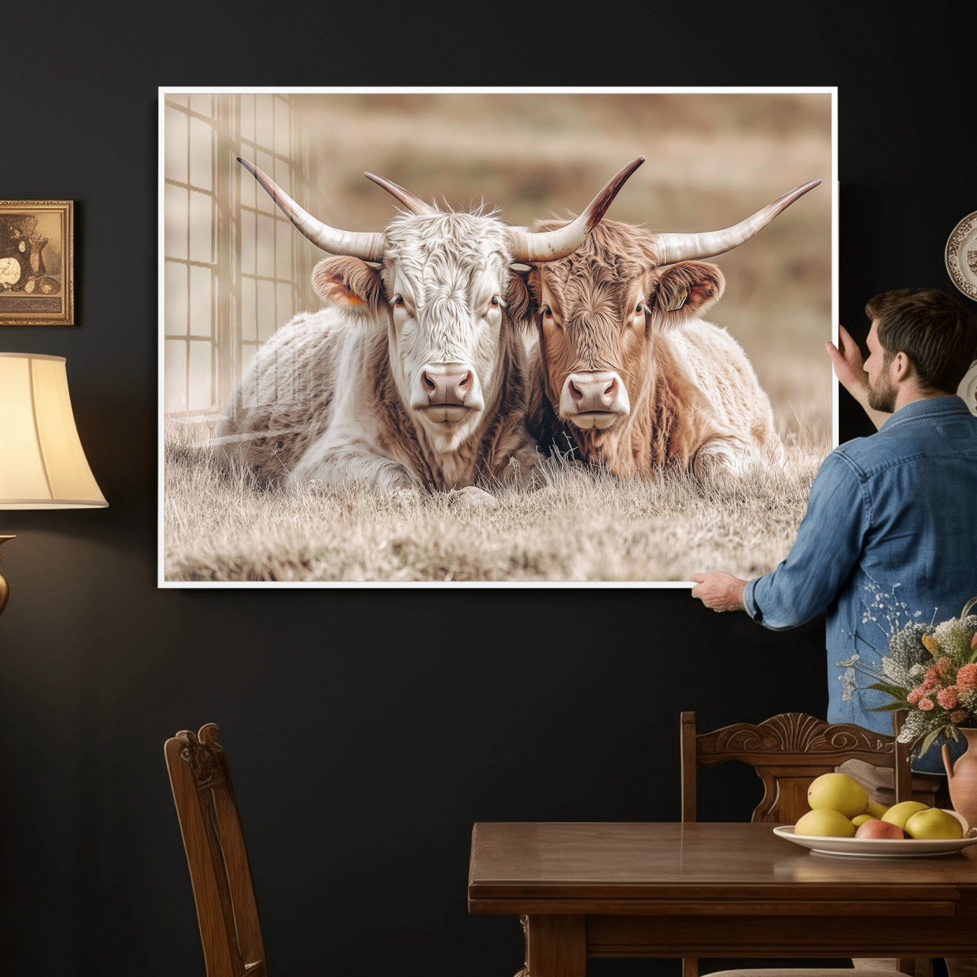 38651722-MGV-CV-36X24 - Highland Cows Meadow Canvas Wall Art – Peaceful Cow Photography Print, Rustic Farmhouse Animal Decor for Country Home, Living Room, Office