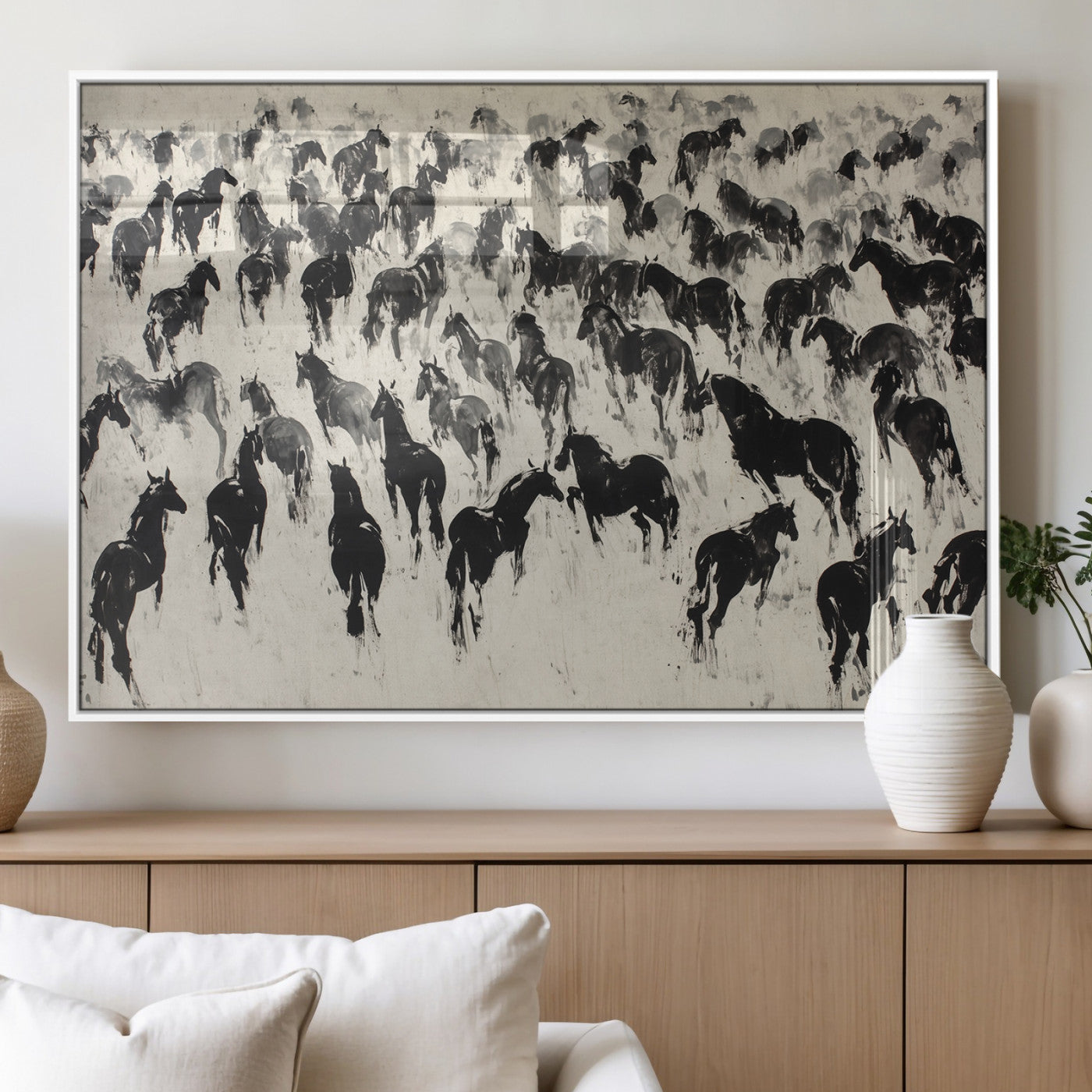 MGV-FP-36X24-3P - Wild Horse Stampede Wall Art Canvas Print – Monochrome Ink Brush Painting of Running Horses, Perfect