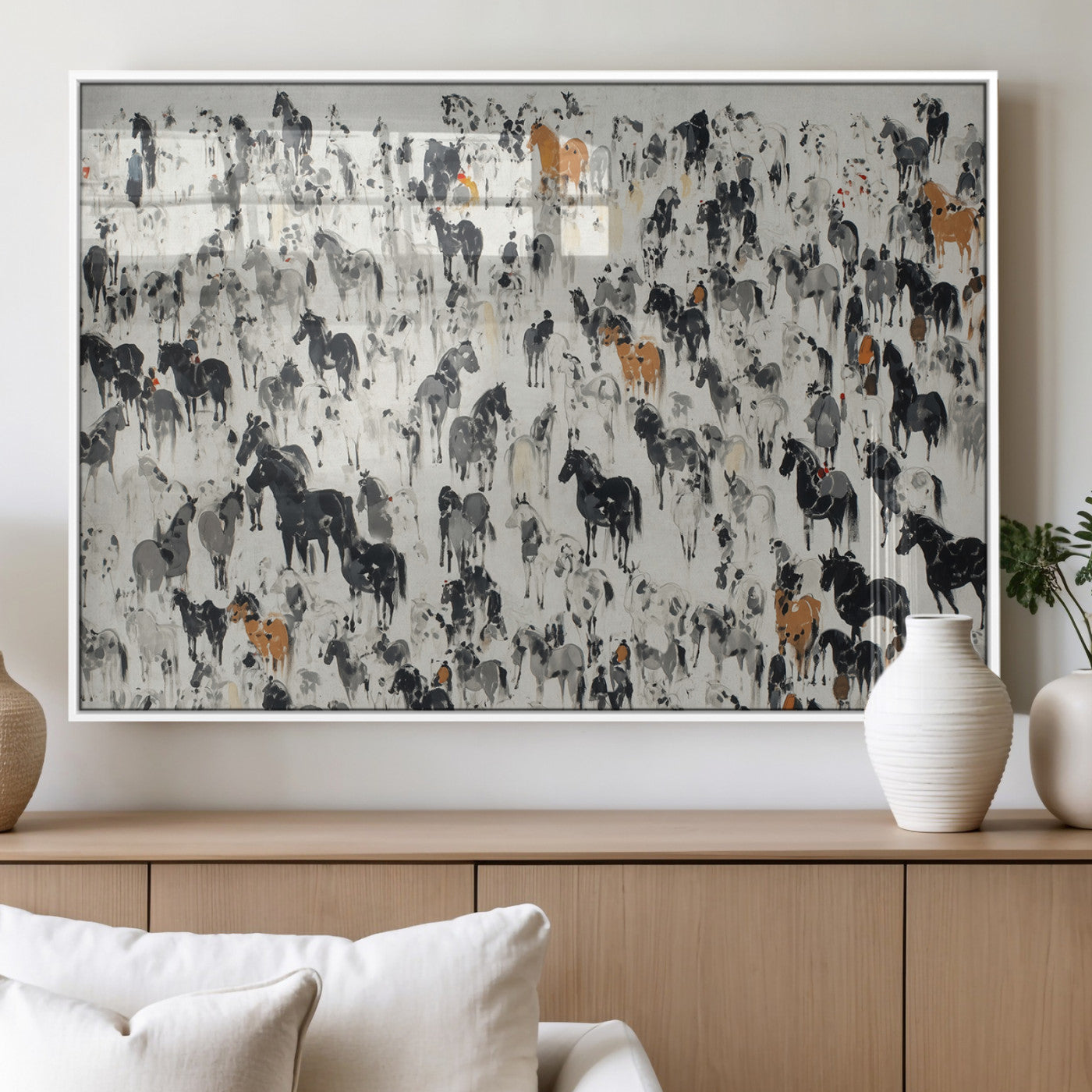 MGV-FP-60X30-3P - Wild Horse Stampede Wall Art Canvas Print – Monochrome Ink Brush Painting of Running Horses, Perfect