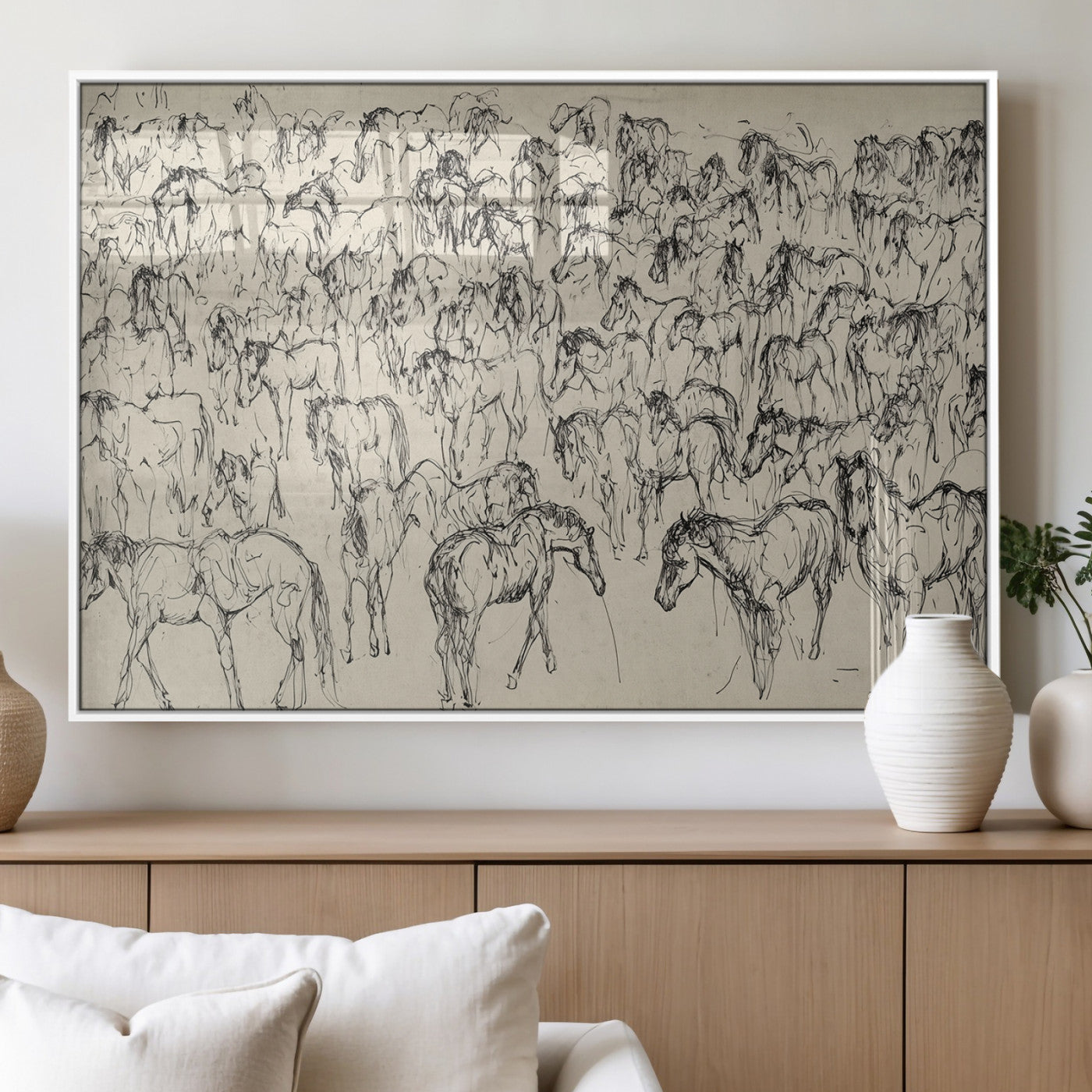 MGV-FP-36X24-3P - Wild Horse Stampede Wall Art Canvas Print – Monochrome Ink Brush Painting of Running Horses, Perfect