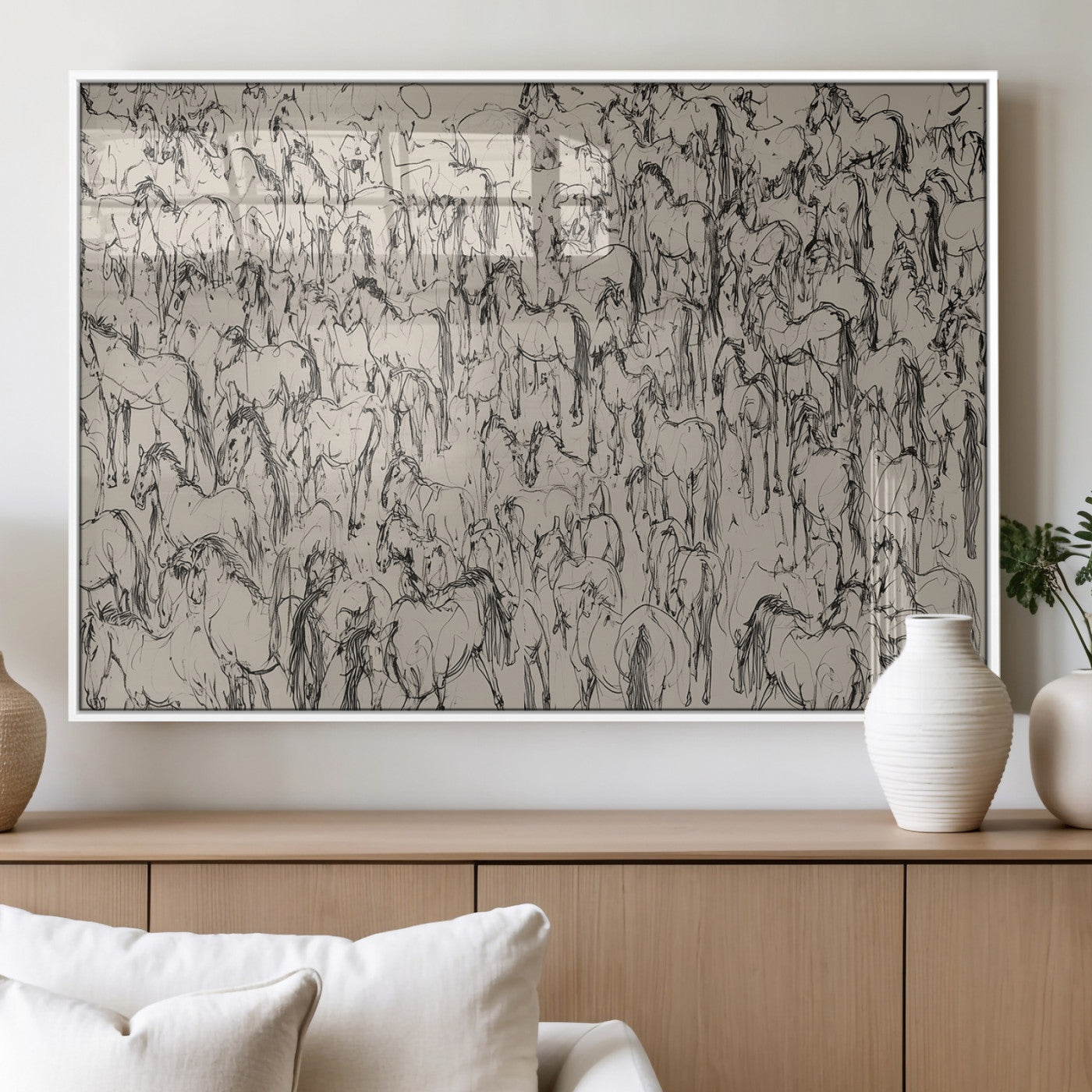 MGV-FP-60X30-3P - Wild Horse Stampede Wall Art Canvas Print – Monochrome Ink Brush Painting of Running Horses, Perfect