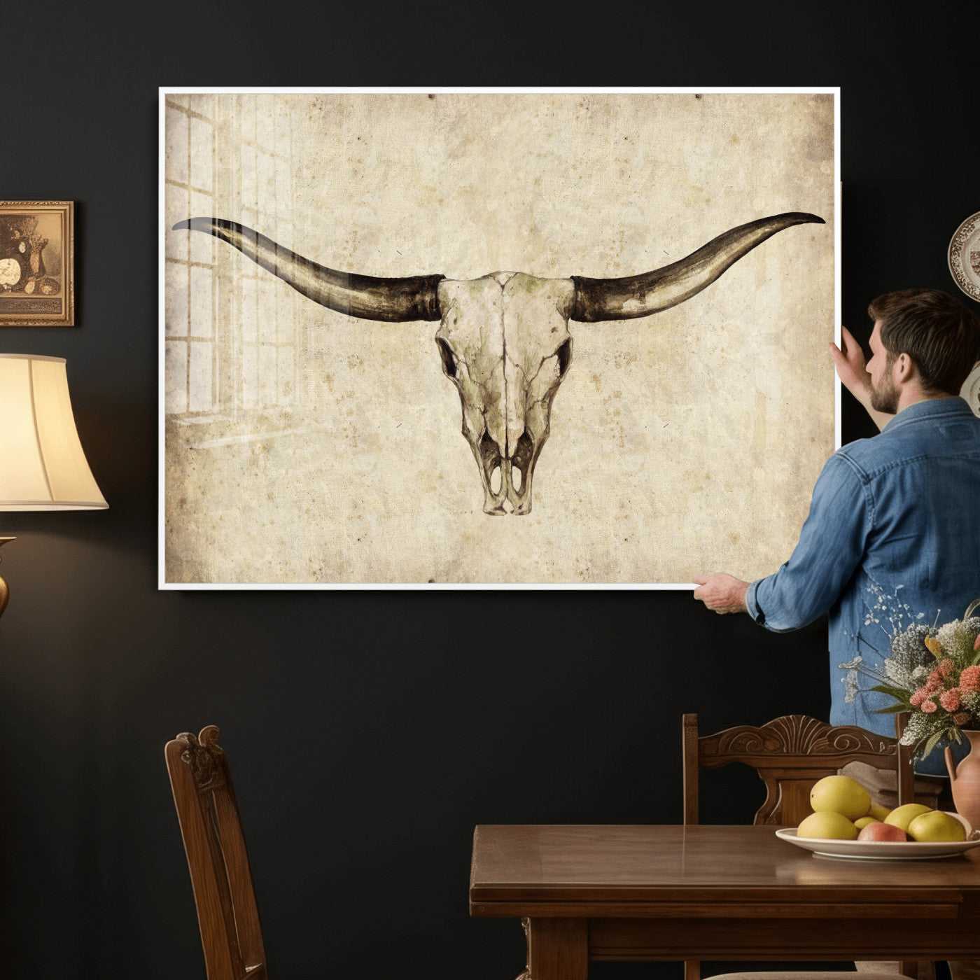42788678-MGV-CV-36X24 - Longhorn Skull Wall Art Canvas Print – Rustic Western Artwork Print for Living Room Wall Decor