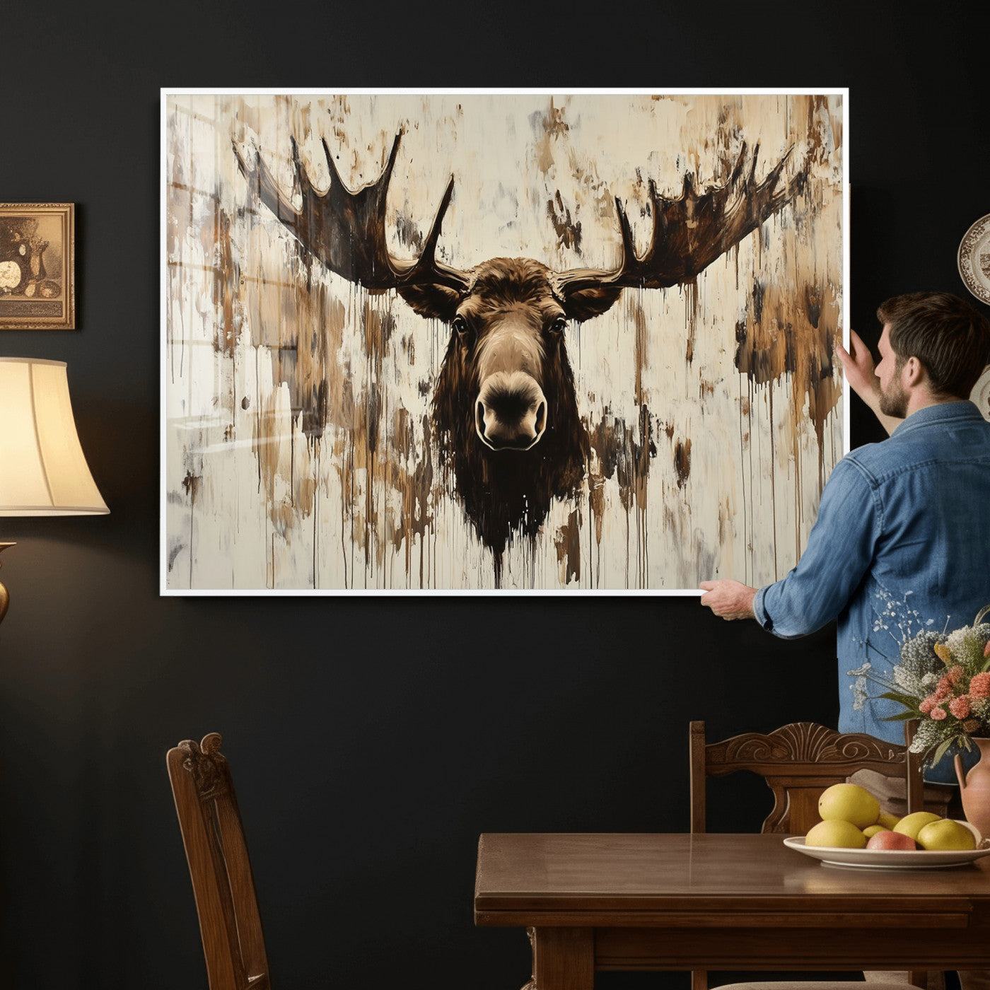 34496536-MGV-CV-36X24 - Powerful Moose Portrait Wall Art – Rich Earthy Tones, Expressive Brushstrokes, Striking Gaze, Raw Nature Vibes Decor for Home or Office