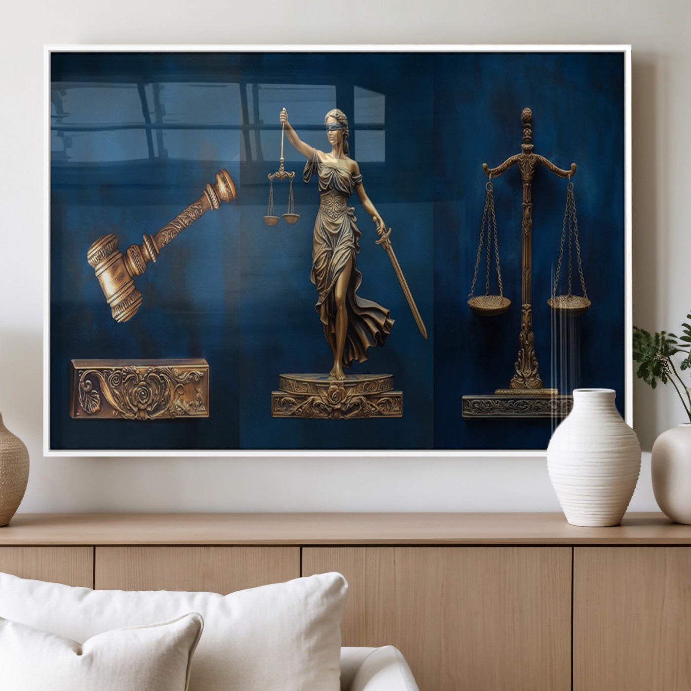 MGV-FP-36X24-3P - Lady Justice Wall Art Canvas Print – Elegant Gold Legal Symbols on Blue Background, Perfect for Law