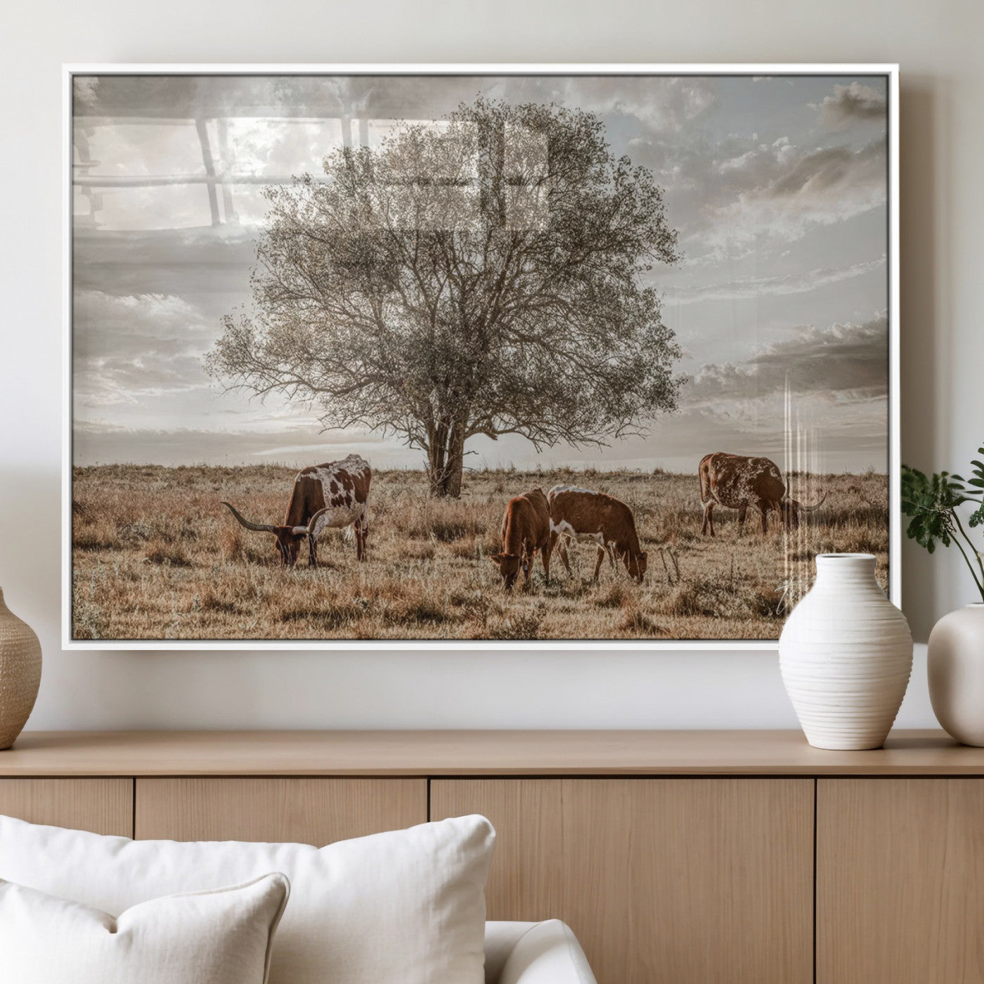 Texas Longhorn Cattle Wall Art Canvas Print – Rustic Western Ranch Scene with Steers at Sunset, Perfect for Farmhouse or Cowboy Decor