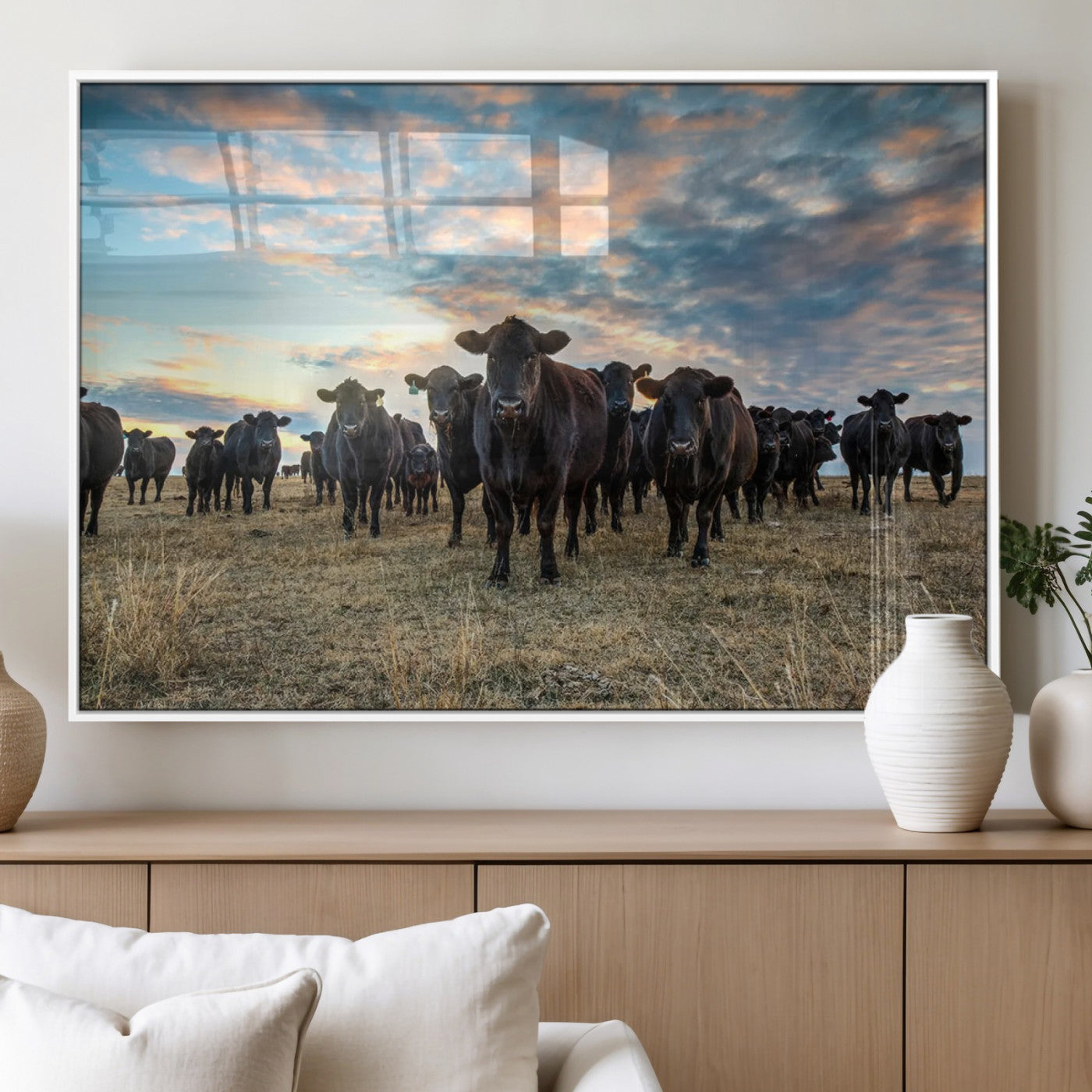 MGV-FP-60X30-3P - Texas Longhorn Cattle Wall Art Canvas Print – Rustic Western Ranch Scene with Steers at Sunset,