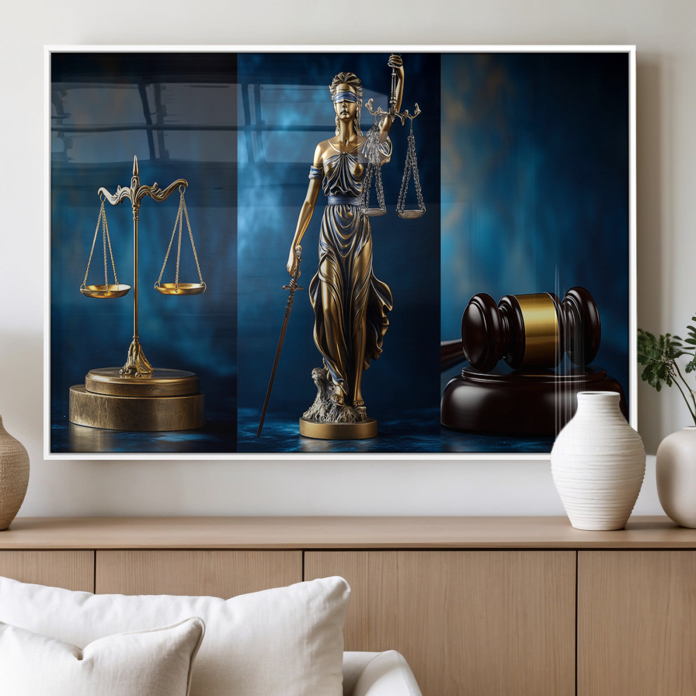 MGV-FP-36X24-3P - Lady Justice Wall Art Canvas Print – Elegant Gold Legal Symbols on Blue Background, Perfect for Law