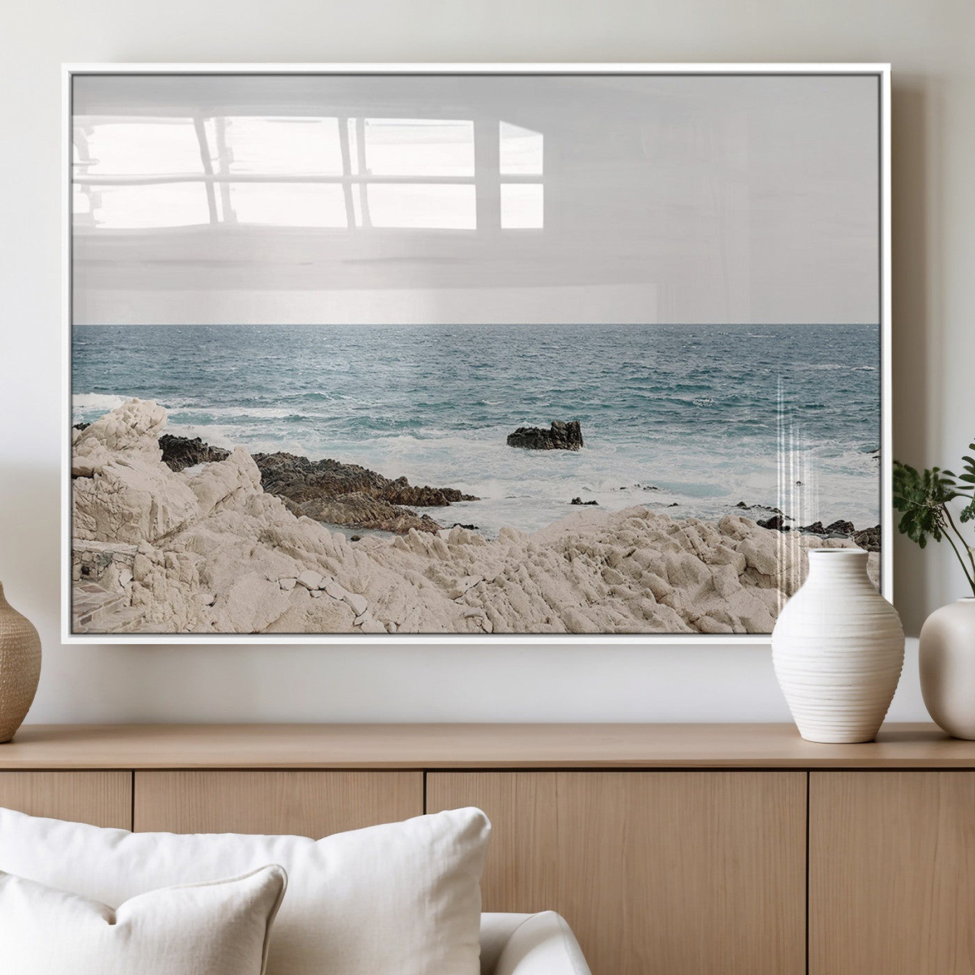 MGV-FP-60X30-3P - Coastal Ocean View Wall Art Canvas Print – Serene Rocky Shoreline and Blue Sea Photography for