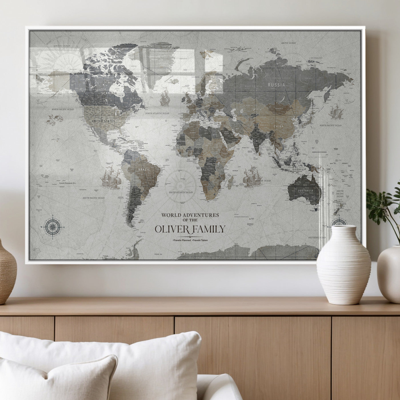 MGV-FP-36X24-3P - Custom Push Pin World Map Wall Canvas Print – Personalized Travel Tracker with Pins – Framed Large Multi-Size Canvas for Home Office Decor