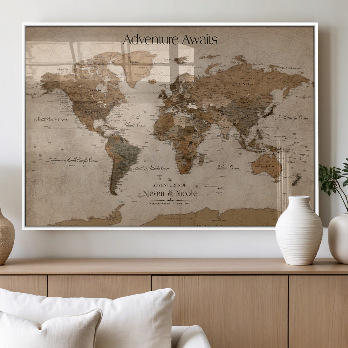 MGV-FP-36X24-3P - Custom Push Pin World Map Wall Canvas Print – Personalized Travel Tracker with Pins – Framed Custom Quotie Canvas for Home Office Decor