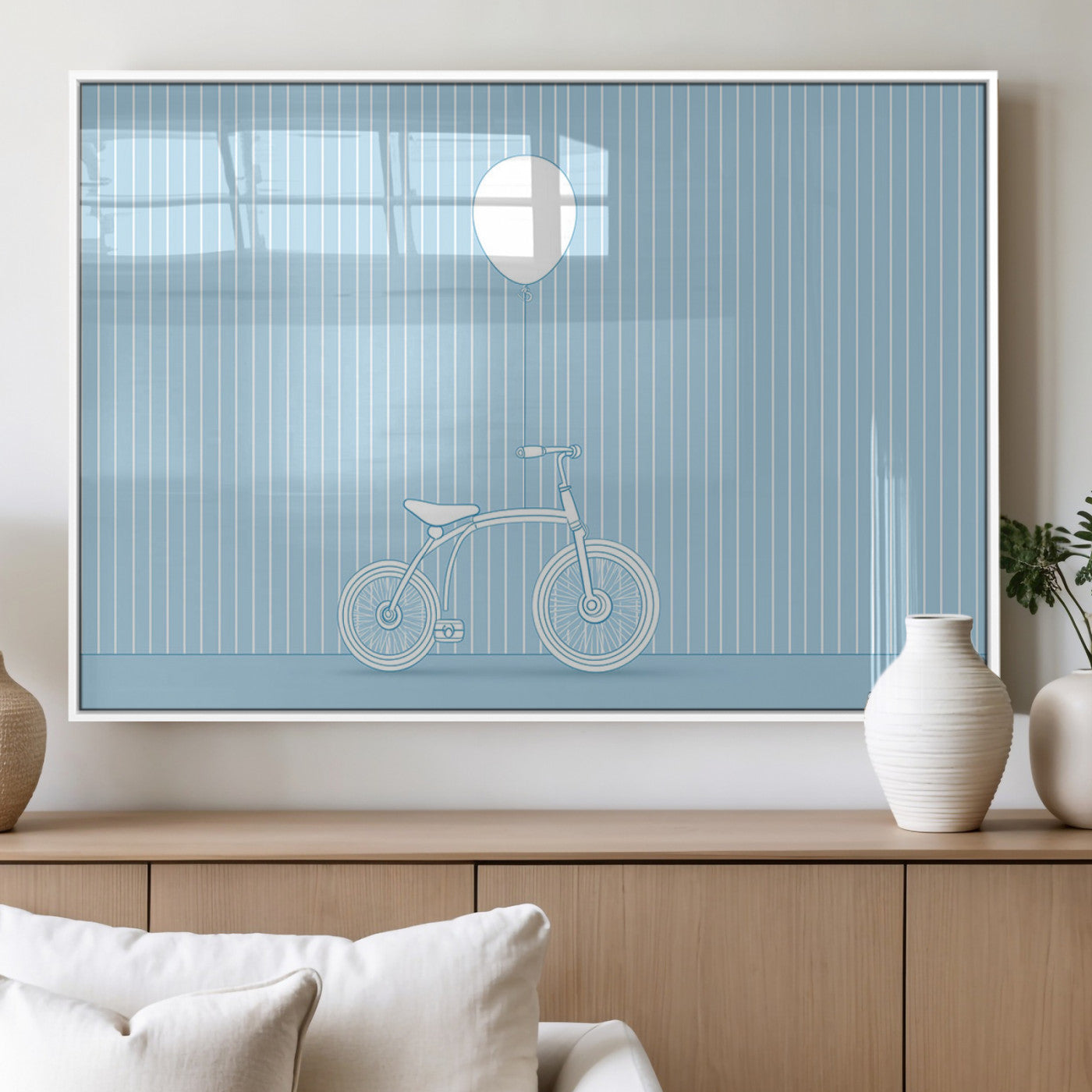 A minimalistic blue line drawing of a bicycle with a balloon floating above it, set against a soft striped background.