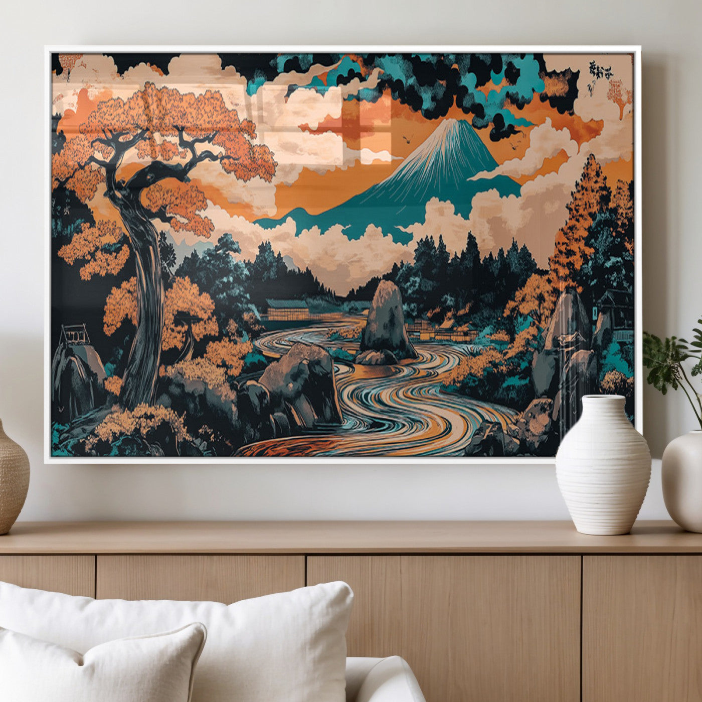 A vibrant Japanese-inspired landscape featuring Mount Fuji, a winding river, and autumn-colored trees under a dramatic sky, in bold and vivid hues.