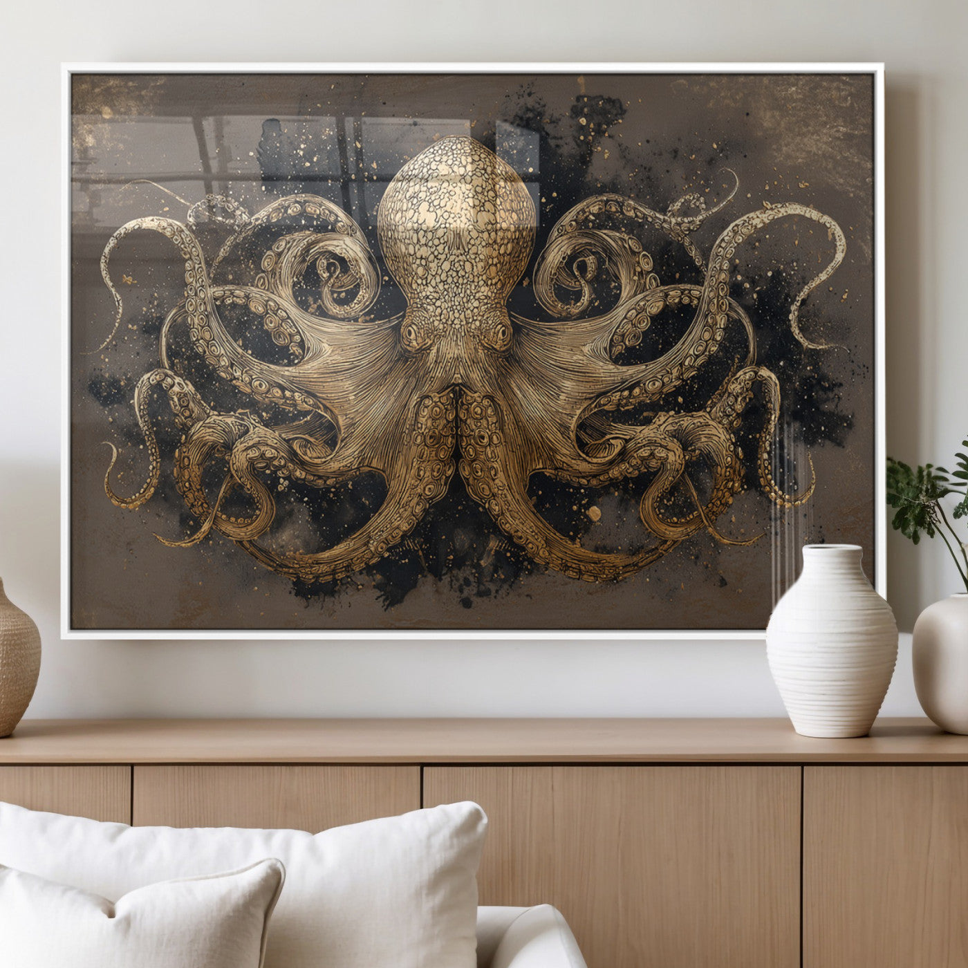 A beautifully detailed illustration of an octopus in gold ink on a textured dark background, with swirling tentacles and intricate patterns.