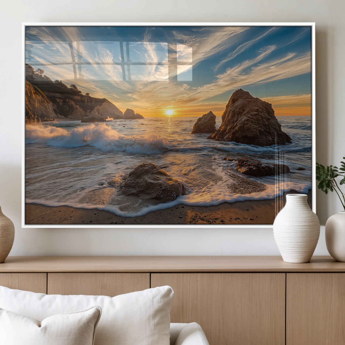 Rocky Ocean Sunset Wall Art Print, Seaside Canvas Wall Art, Dramatic Seascape Canvas Print for Coastal Modern Decor, Ocean Sunset Art Printing
